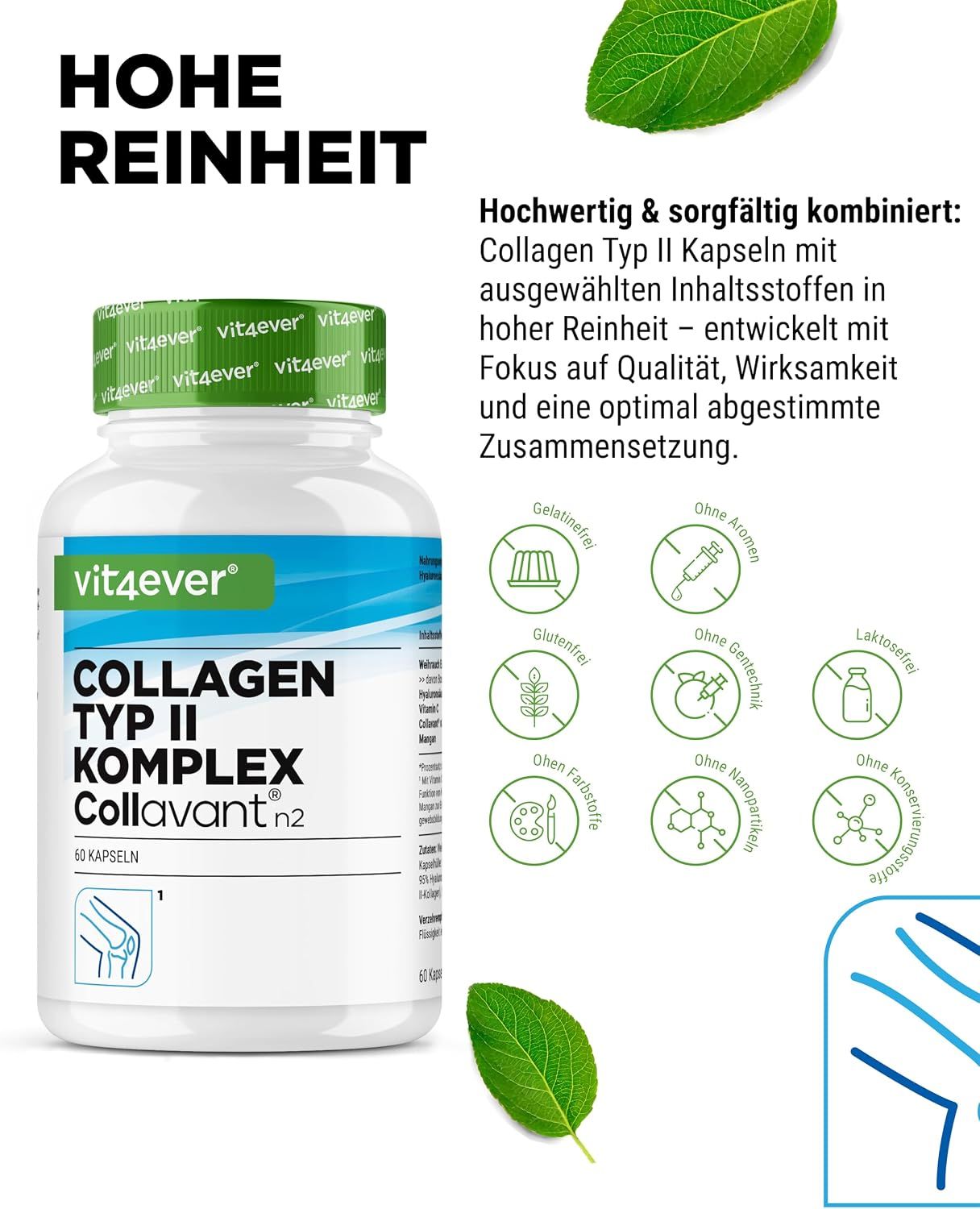Vit4ever Kollagen Typ II Komplex Flasche mit Icons für 'Ohne Laktose', 'Ohne Gluten'.