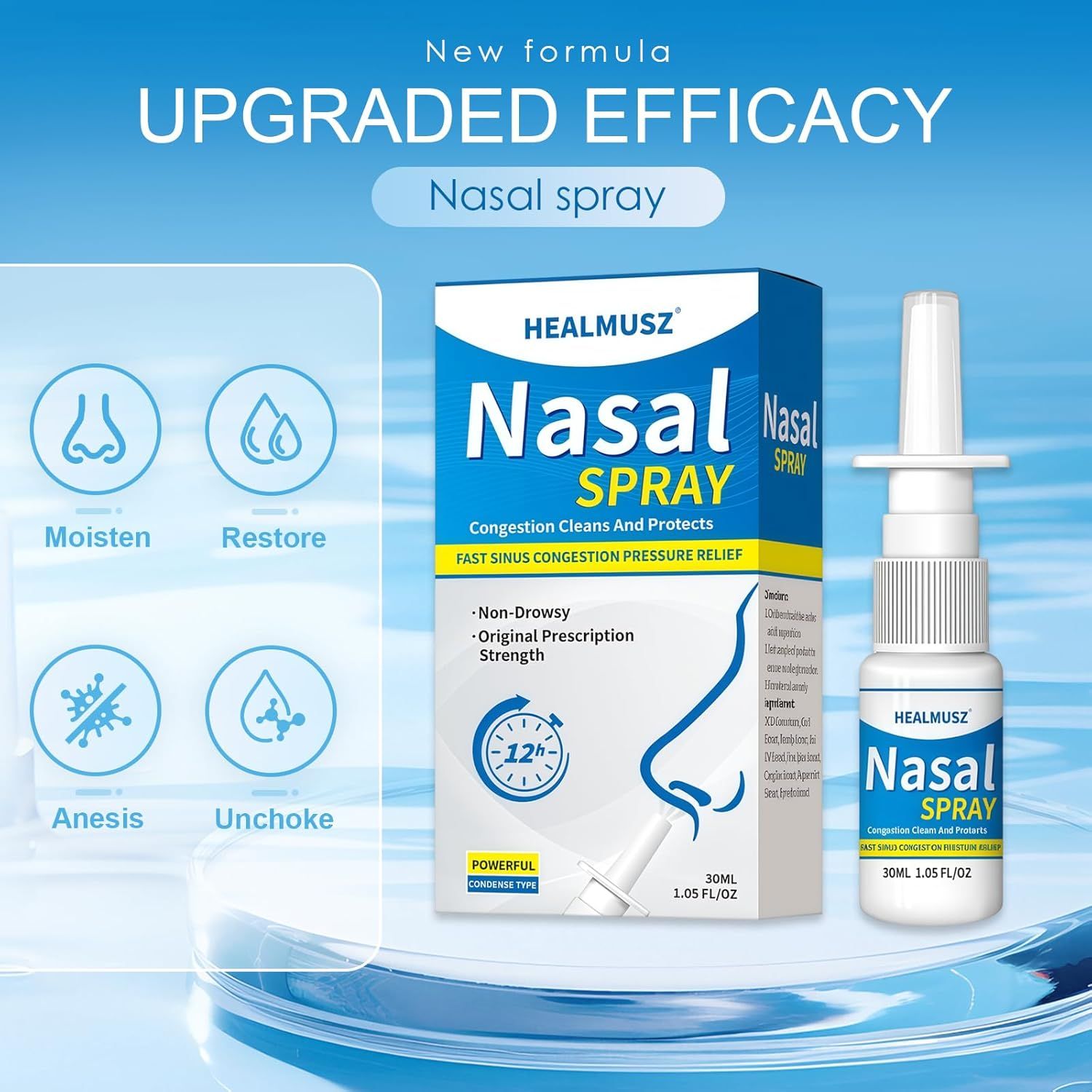Nasenspray-Flasche und -Verpackung. Blaue und weiße Verpackung mit Produktnamen und Logo. 30 ml.