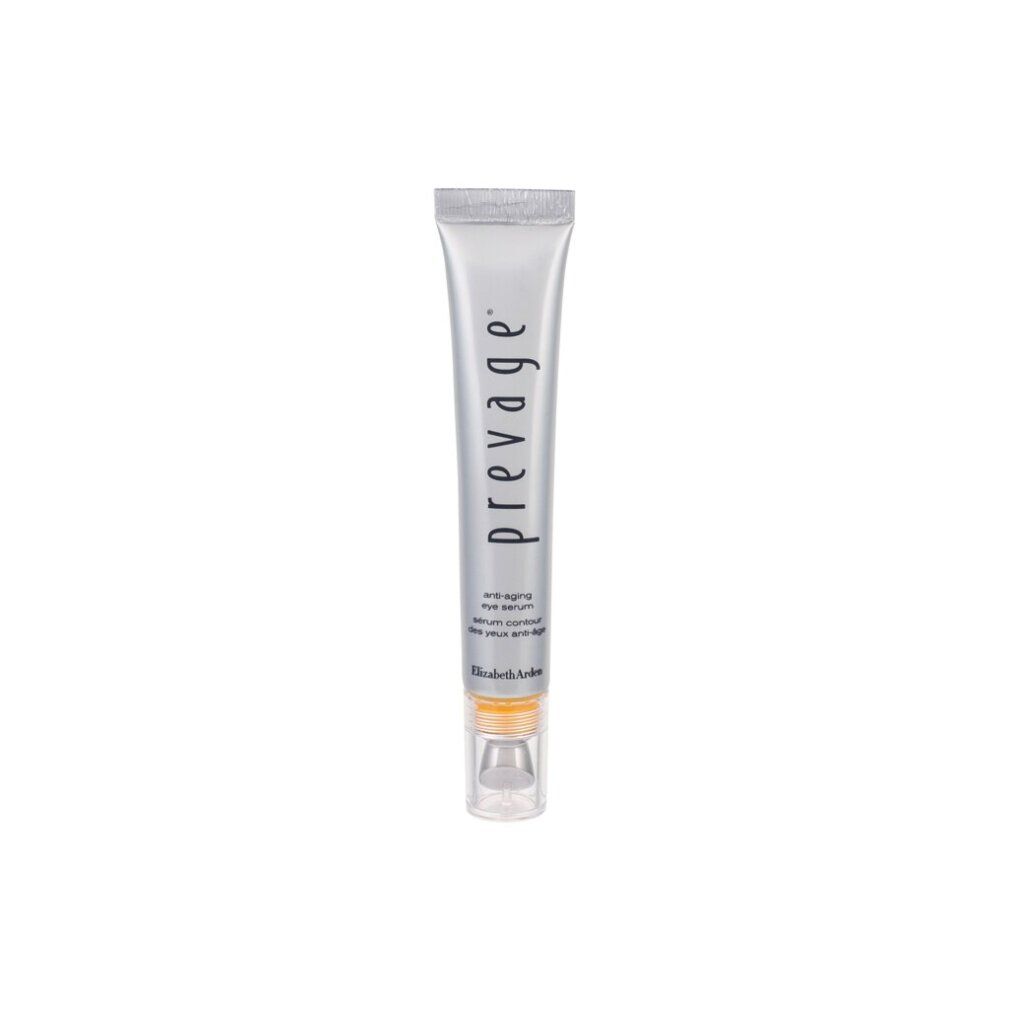Silberne Tube mit "prevage" Schriftzug und "anti-aging eye serum" Aufschrift. Transparenter Applikator am unteren Ende.