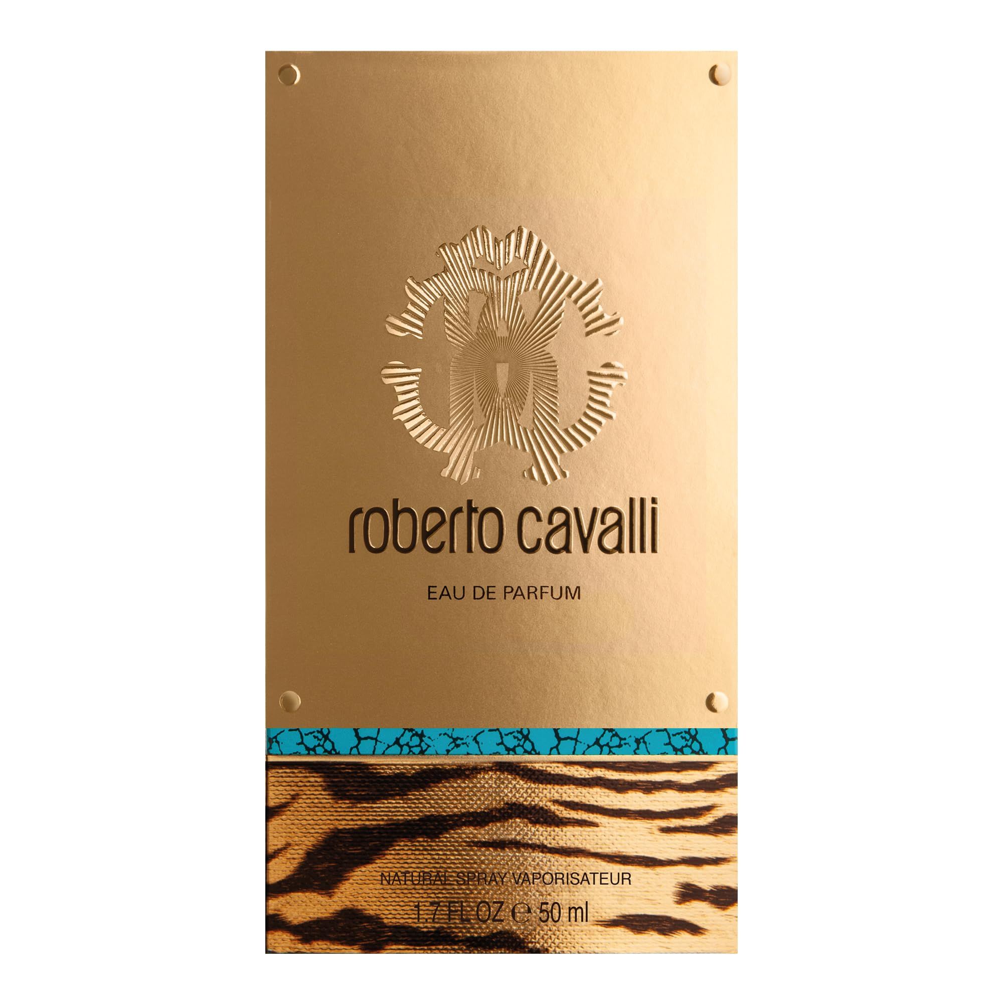 Goldene Verpackung mit Logo und Schriftzug "roberto cavalli". Text: "EAU DE PARFUM".
