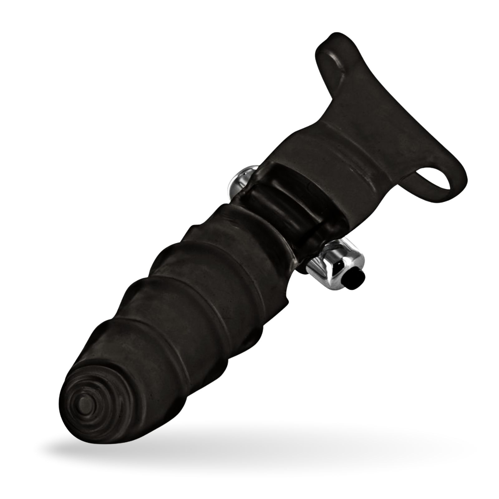 Schwarzer Finger-Vibrator aus Silikon. Geriffelte Oberfläche, metallische Akzente. Auf weißem Hintergrund.