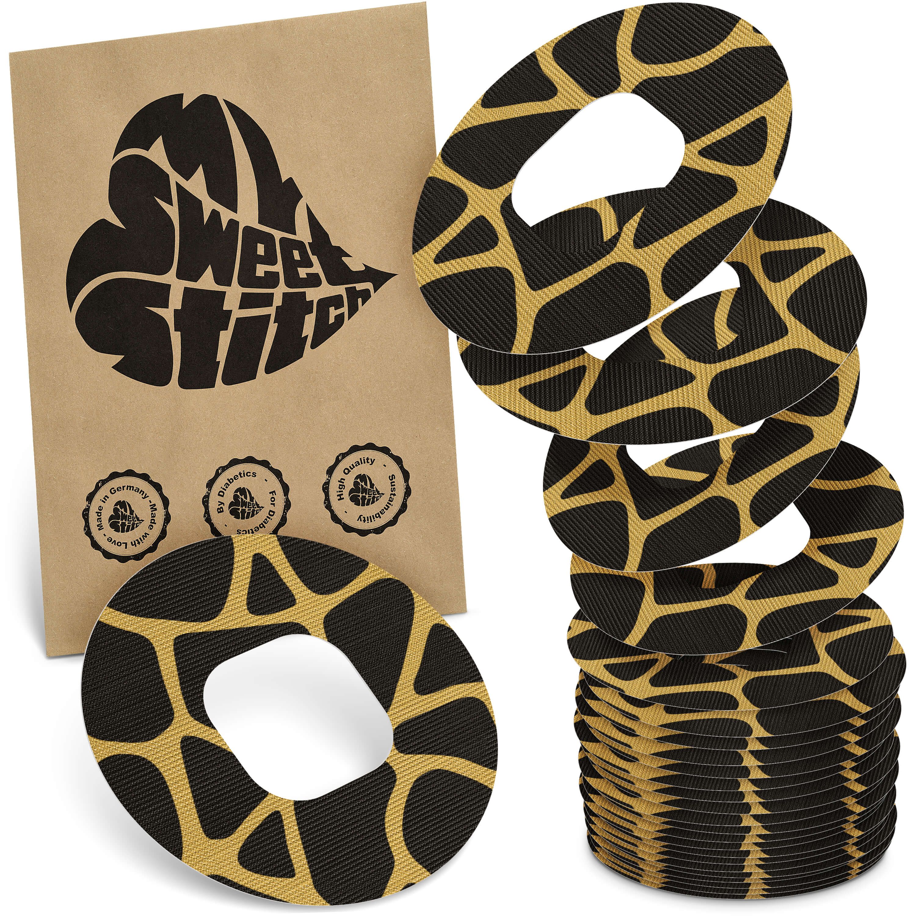 Runde Pflaster mit schwarzem und gelbem Muster. Verpackung mit Logo und Qualitätssiegeln. Stapel von Pflastern.