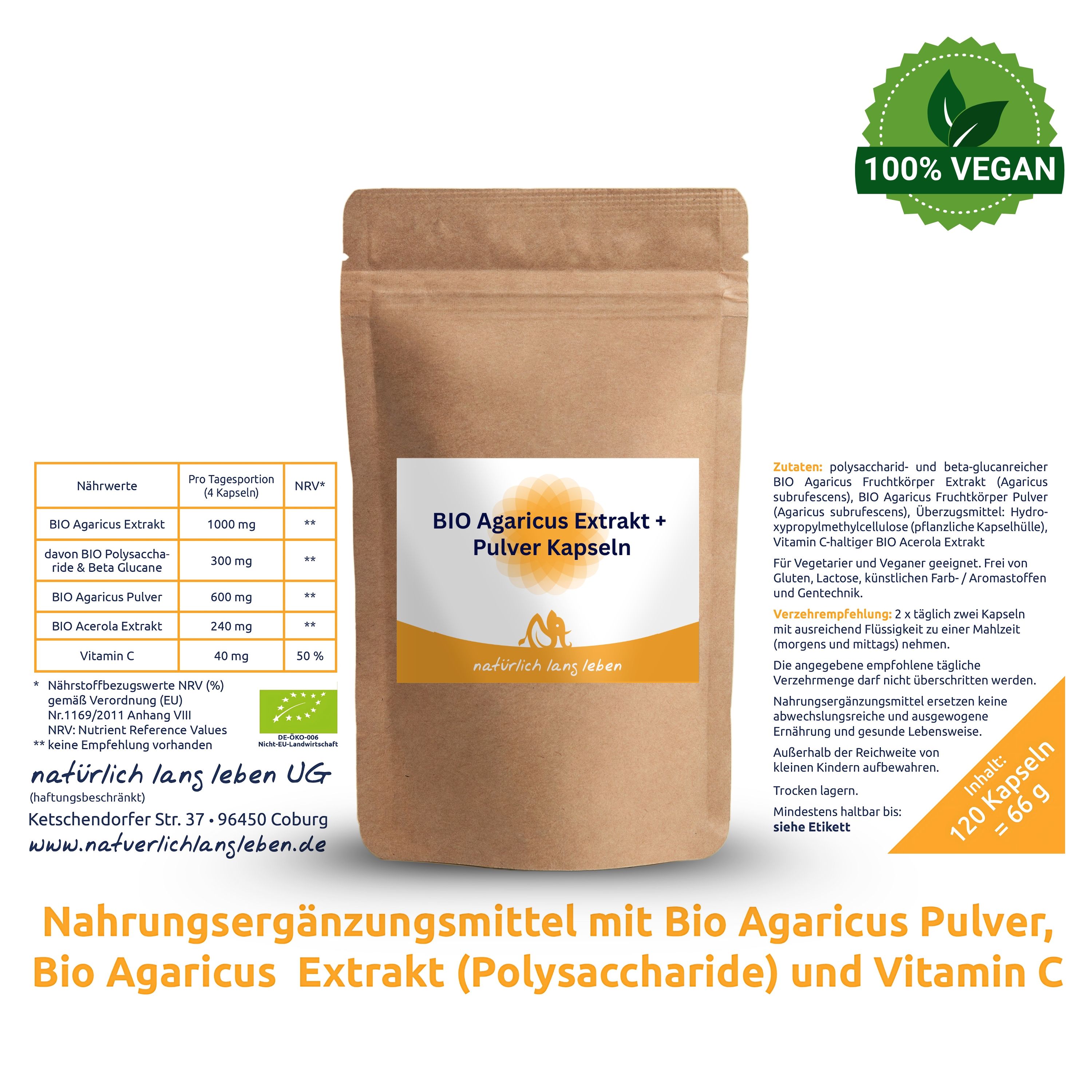 natürlich lang leben BIO Agaricus Extrakt + Pulver