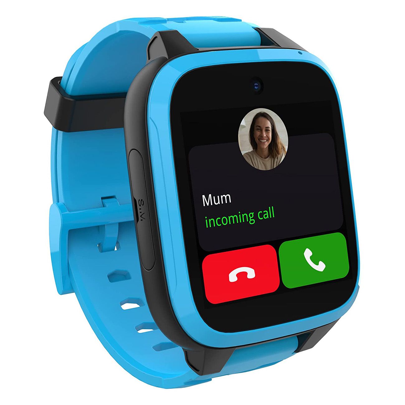 Blaue Smartwatch mit rundem Display. Anruf von 'Mum'. Rote und grüne Anruf-Buttons. Blaue Armbänder.