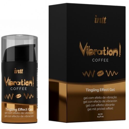 Schwarze Tube und Schachtel. Aufschrift: intt Vibration! Coffee Tingling Effect Gel. Mit 15 ml Inhalt.