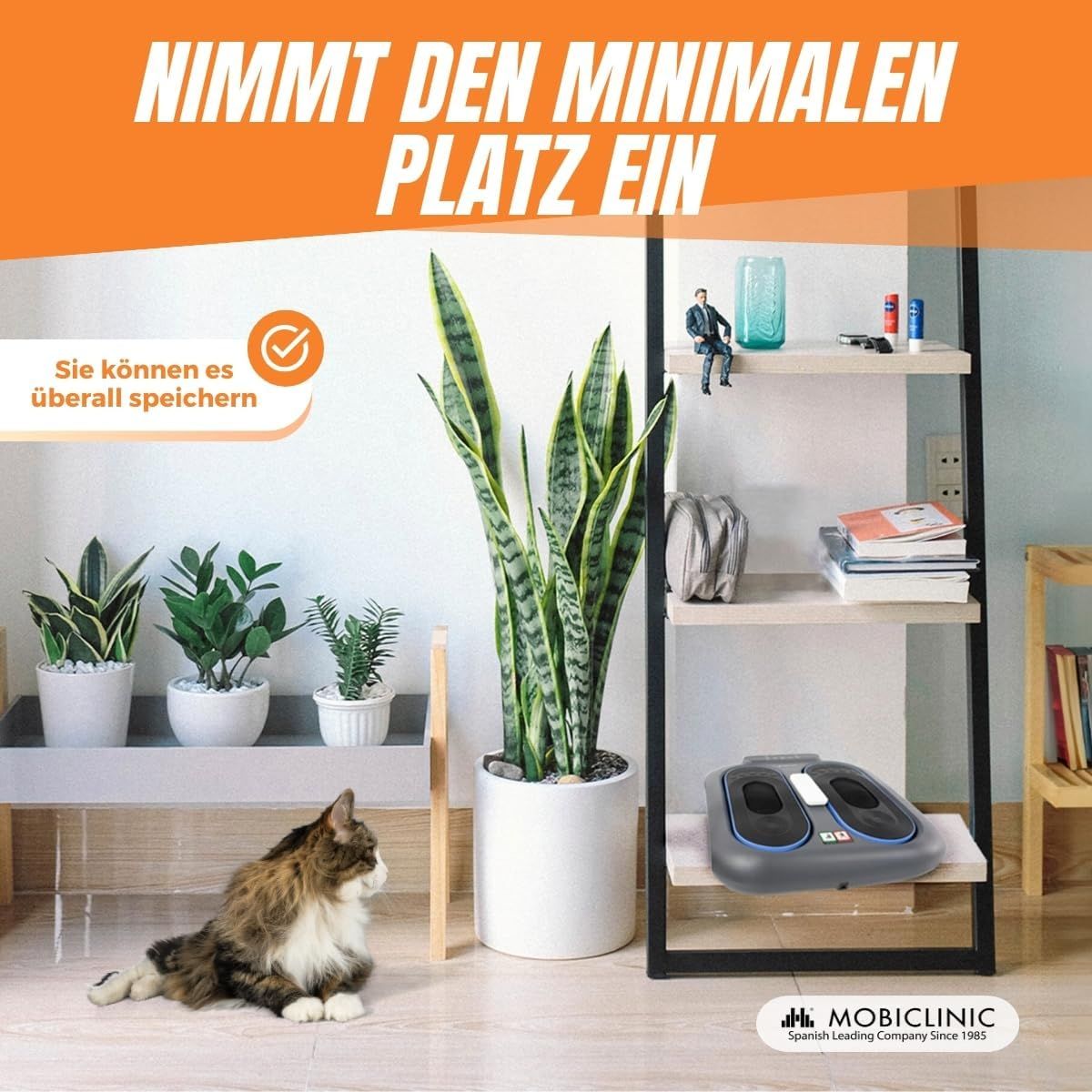 Graues Fußmassagegerät mit blauen Akzenten und Fernbedienung.