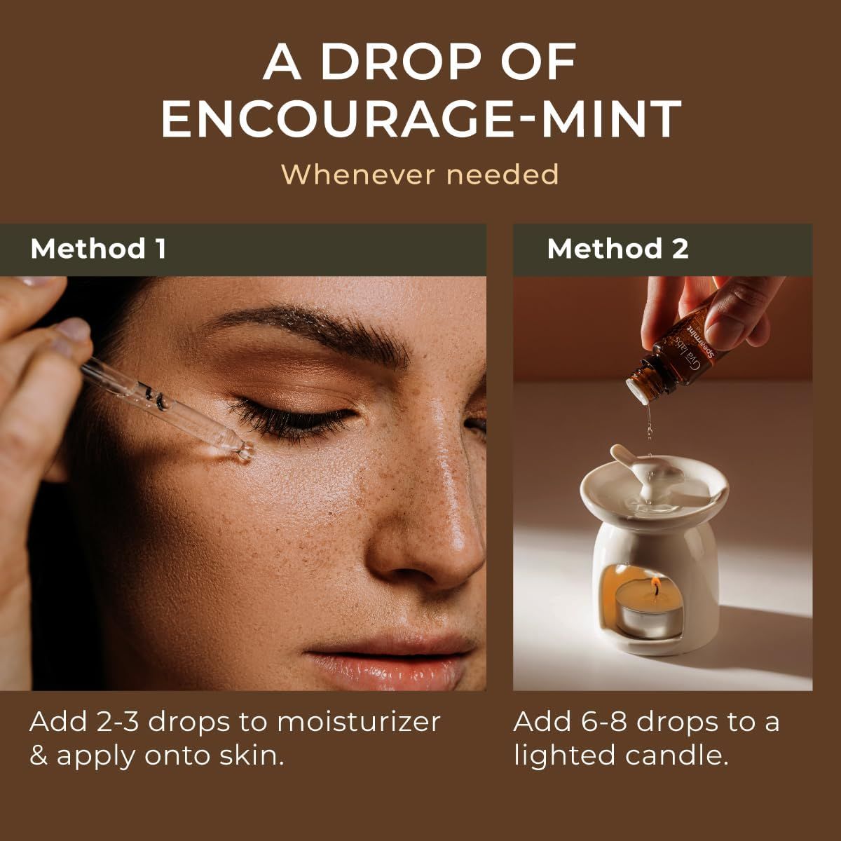 Nahaufnahme eines Gesichts. Zwei Methoden: Tropfen auf die Haut auftragen oder in einer Duftlampe verwenden. Text: Ermutigungs-Minze.