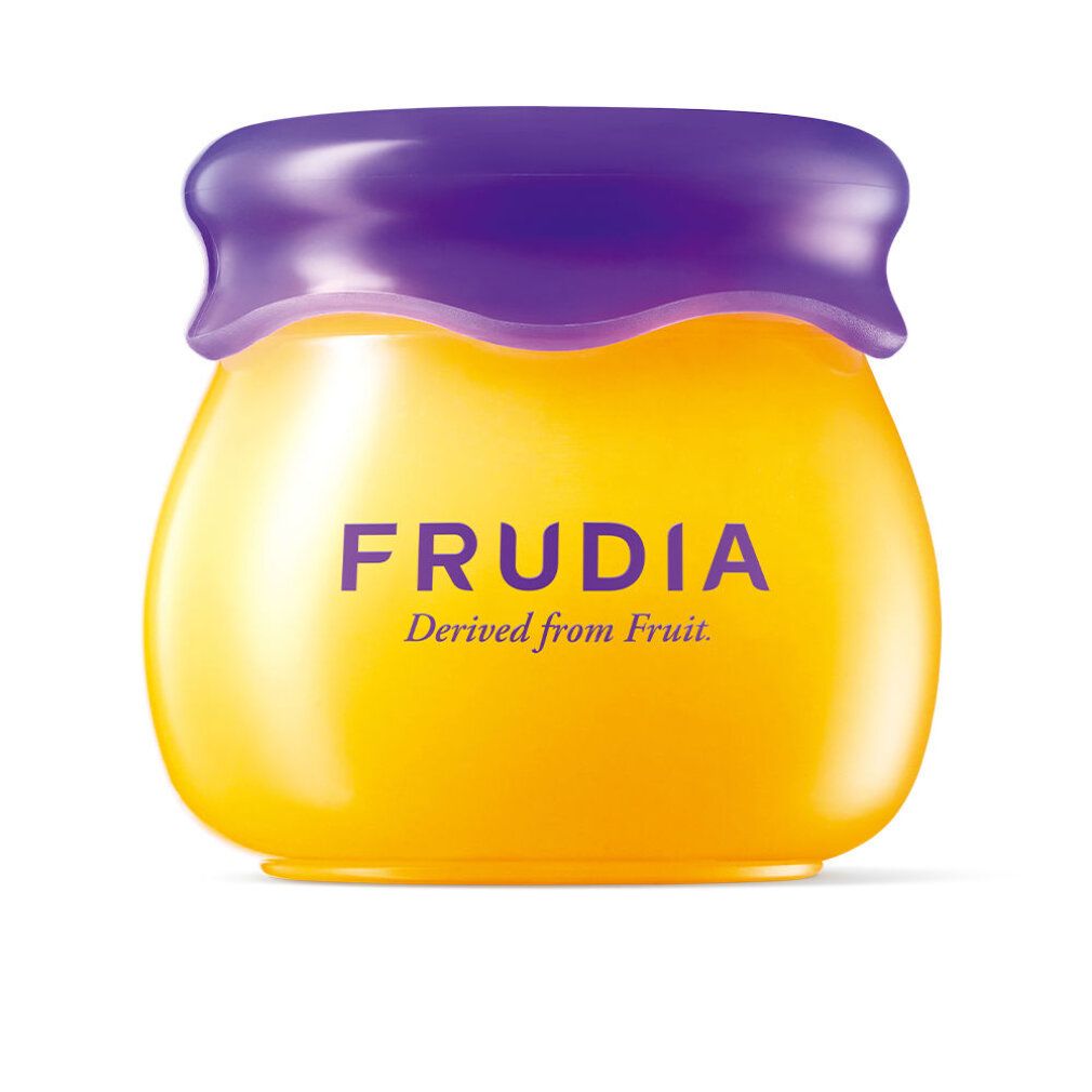 Gelber Tiegel mit lila Deckel. Aufschrift FRUDIA, darunter 'Derived from Fruit'.
