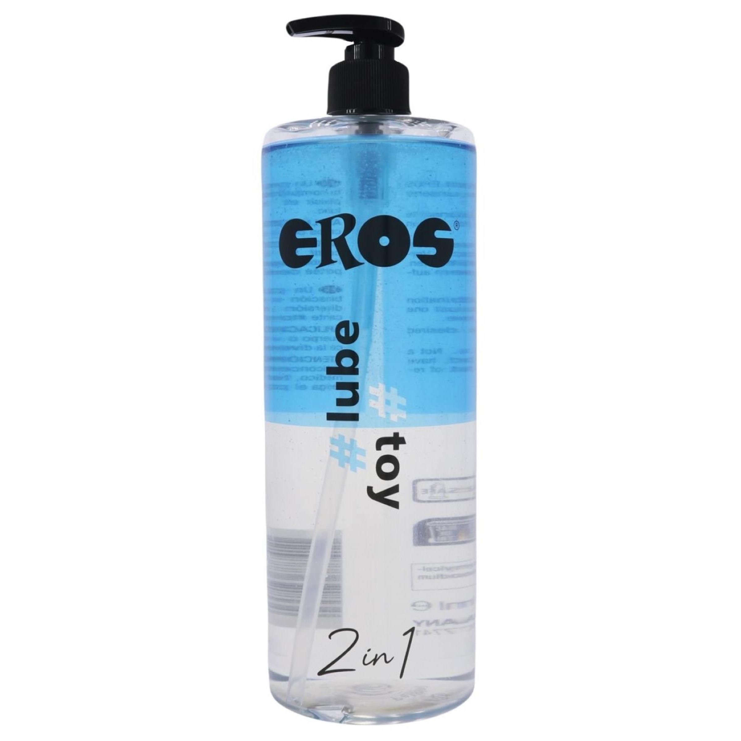 Transparente Flasche mit blauem Etikett. Aufschrift: EROS, #lube, #toy, 2in1. Schwarzer Pumpverschluss.