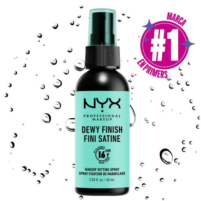NYX Professional Makeup Dewy Finish Makeup Setting Spray, 60 ml Flasche mit Sprühkopf.