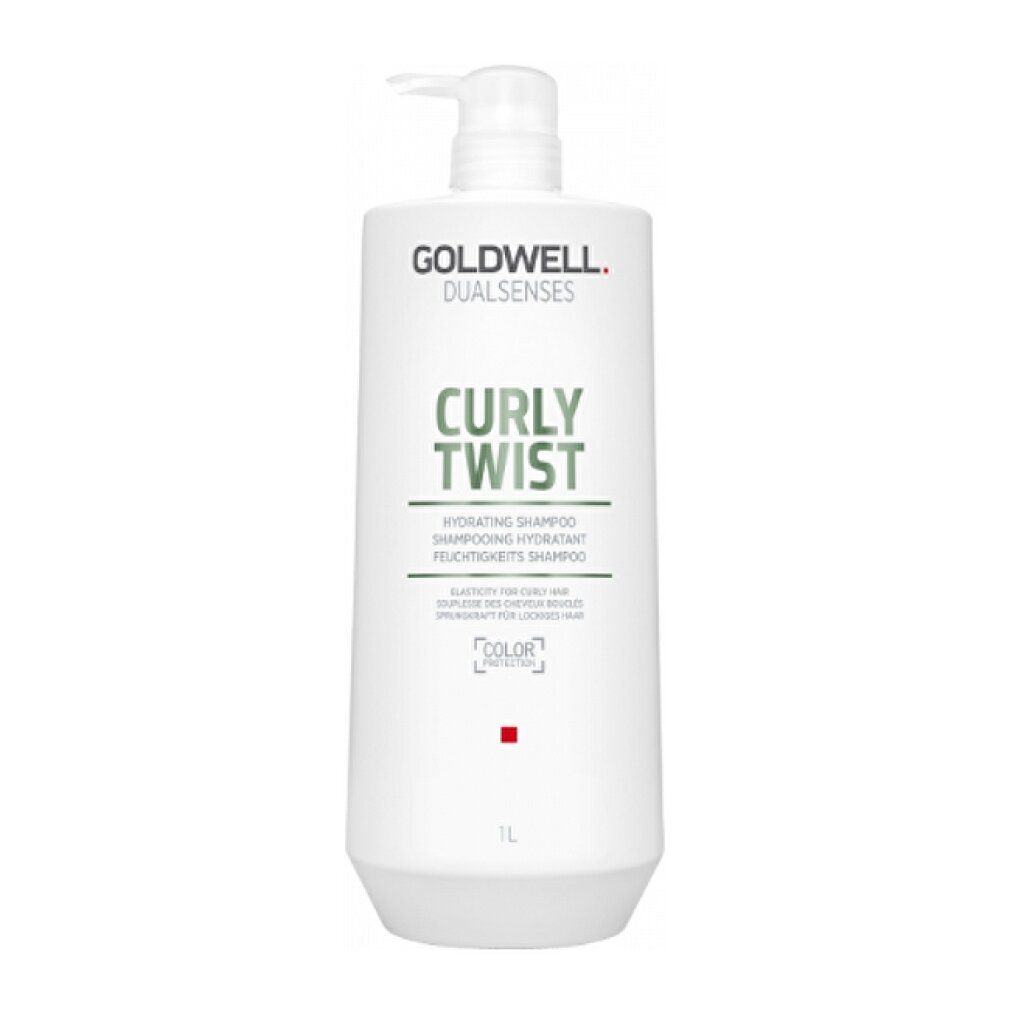 Goldwell Dual Senses Curly Twist Shampoo. Weiße Flasche mit Pumpe. Text: Curly Twist, Hydrating Shampoo. 1L.