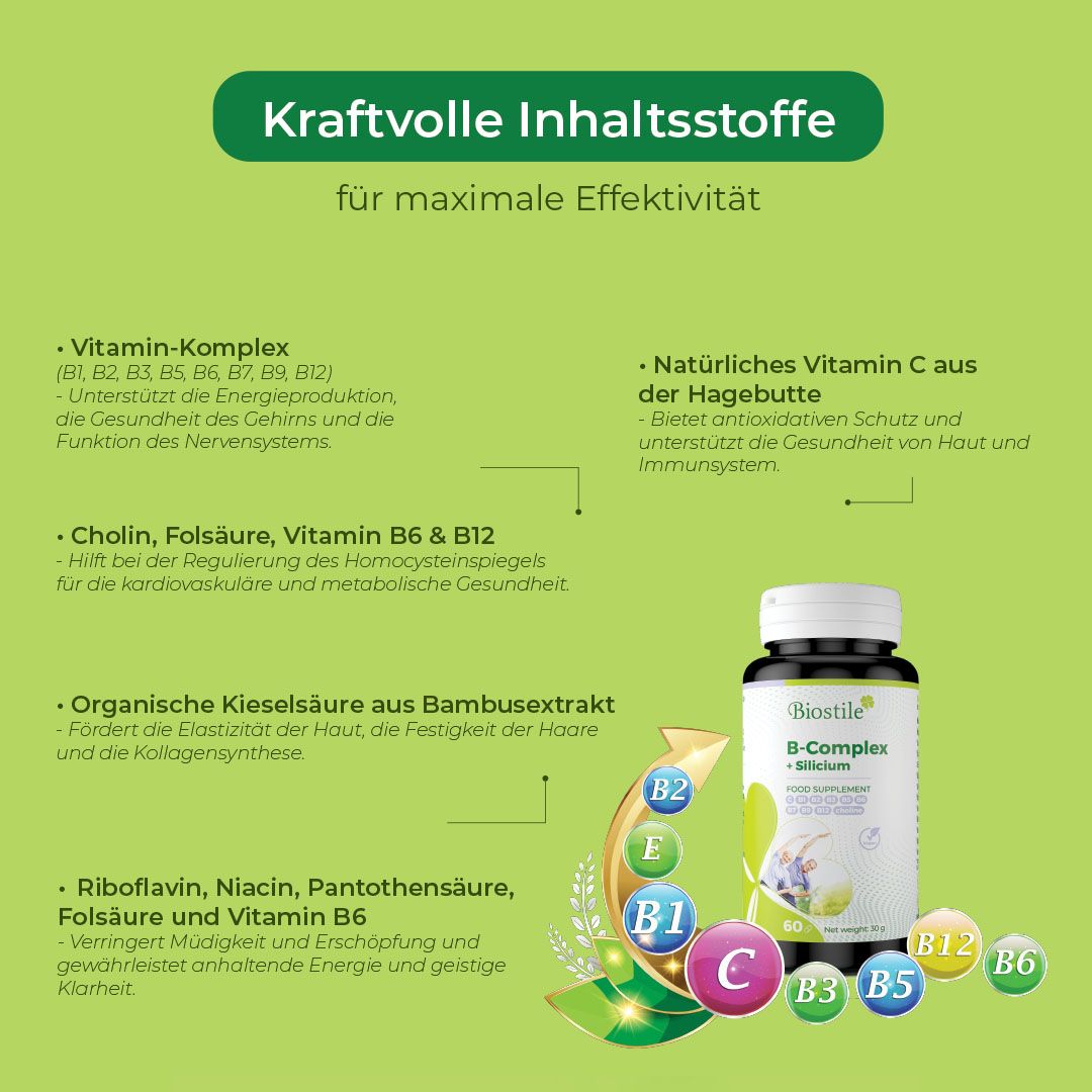 Biostile B-Complex + Silicium Flasche mit detaillierter Inhaltsstoff-Grafik.