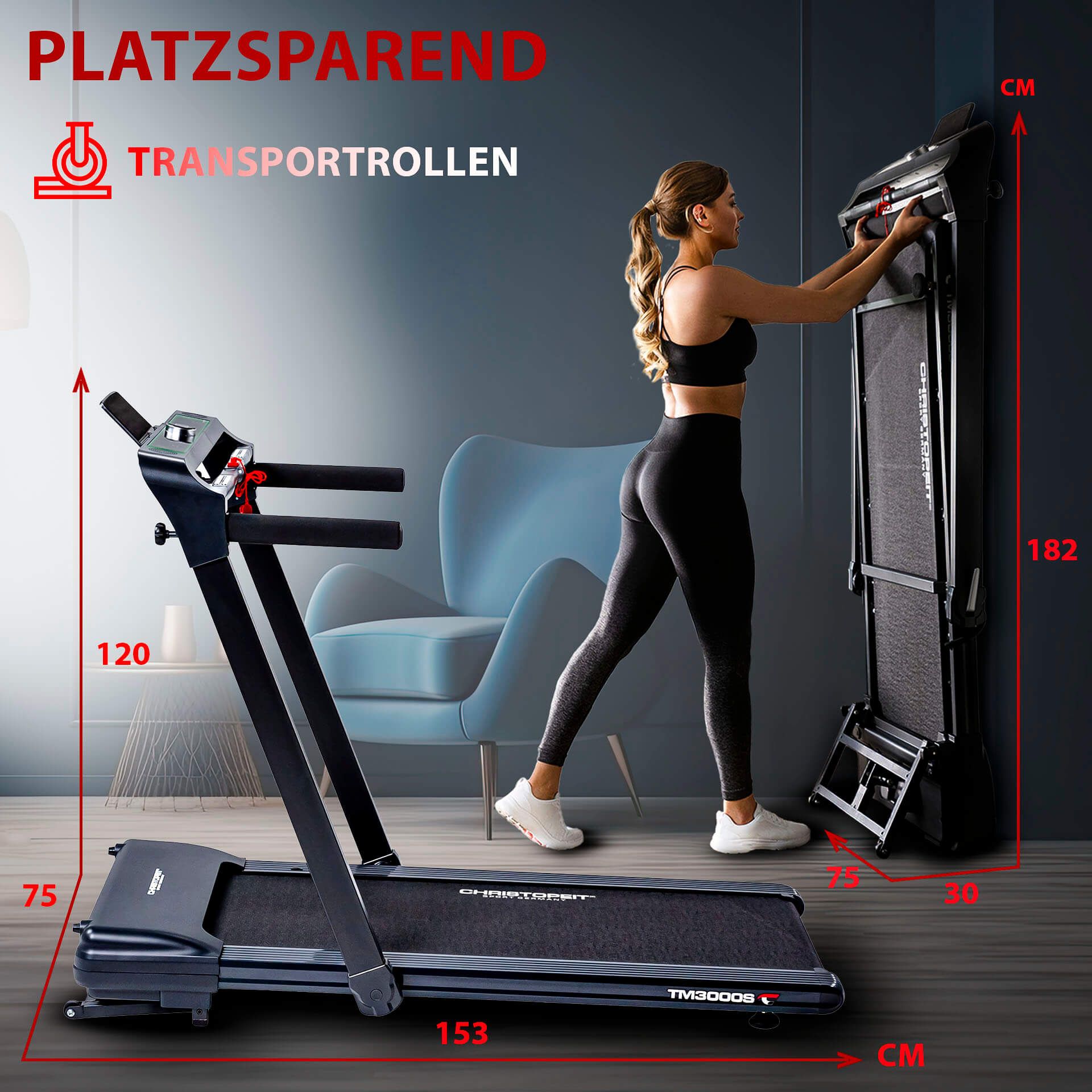 Schwarzes, zusammengeklapptes Laufband, das von einer Frau aufrecht gehalten wird. Abmessungen: 182x75x40 cm.