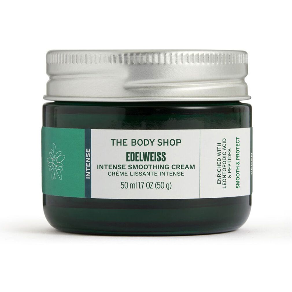 Grünes Glas mit silbernem Deckel. Aufschrift: The Body Shop, Edelweiss, Intense Smoothing Cream. Enthält Leontopodium Acid & Peptide.
