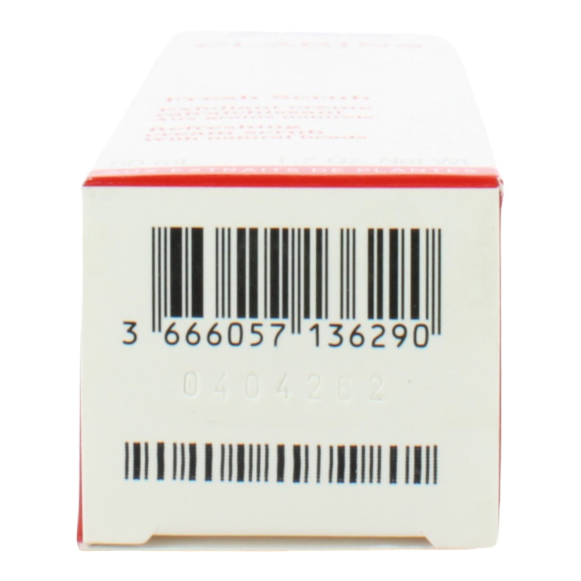 Weiße Verpackung mit Barcode und roter Schrift. Barcode und Zahlen sind deutlich sichtbar.