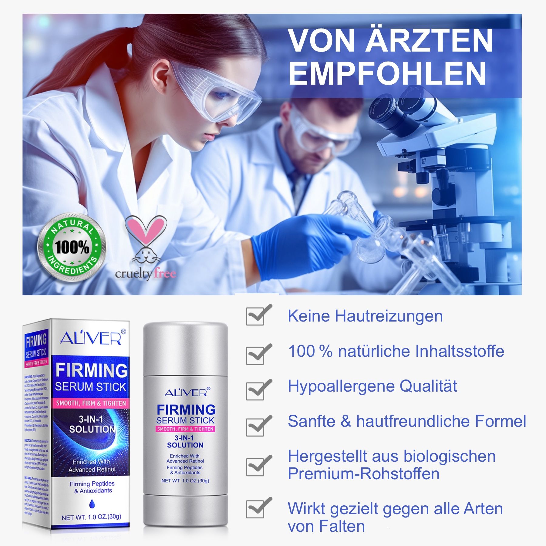 Ärzte empfehlen ALIVER Firming Serum Stick. Inhaltsstoffe: natürlich, hypoallergen, sanft. Zertifizierungen: 100% natürlich, tierversuchsfrei.