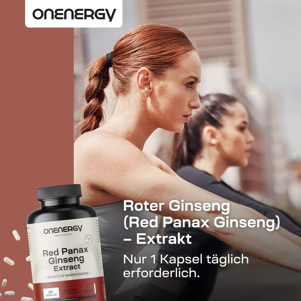 Flasche OnEnergy Red Panax Ginseng Extrakt und ein Haufen Ginsengwurzeln.
