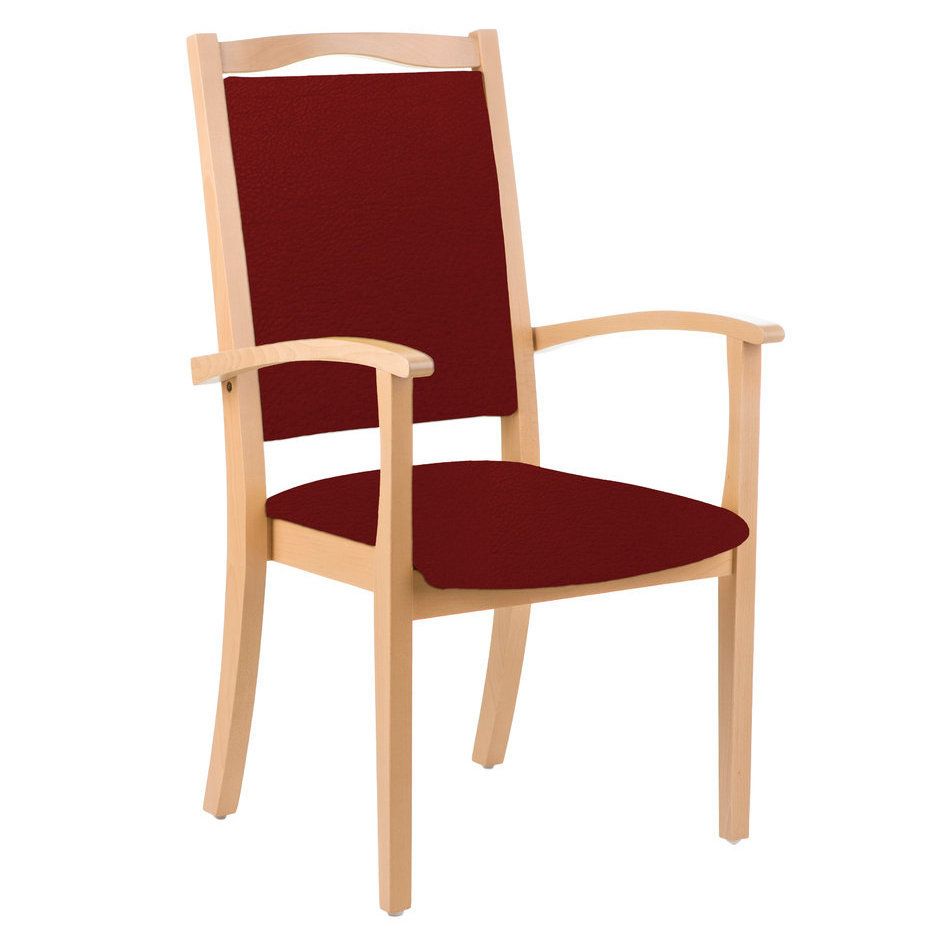 Seniorenstuhl mit Armlehnen. Holzrahmen, roter Sitz und Rückenlehne. Hochlehner-Design.