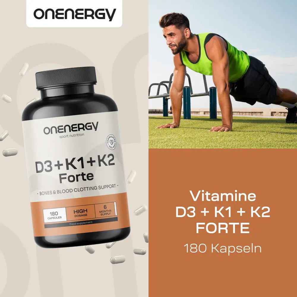 OnEnergy Vitamine D3+K1+K2 Forte Flasche neben einem Mann beim Sport. 180 Kapseln.