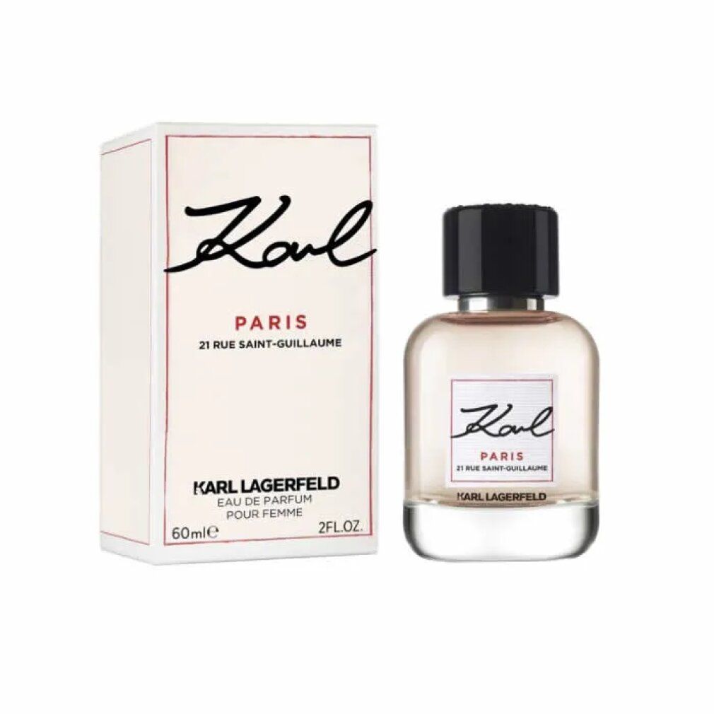 Parfümflakon und Verpackung. Auf der Verpackung steht Karl Paris 21 Rue Saint-Guillaume. Karl Lagerfeld ist ebenfalls zu sehen.