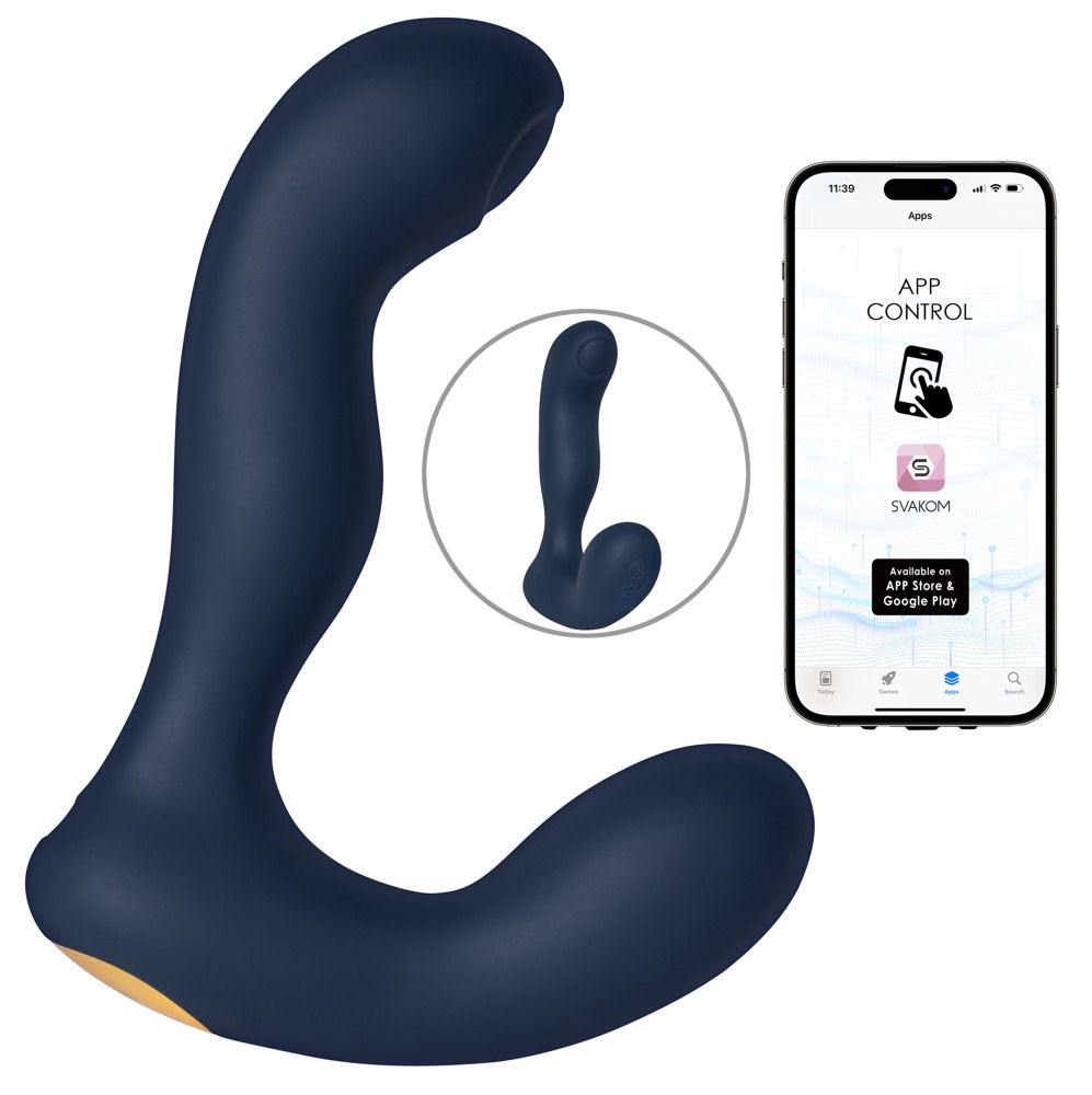 Dunkelblauer Analvibrator mit App-Steuerung und Detailansicht.