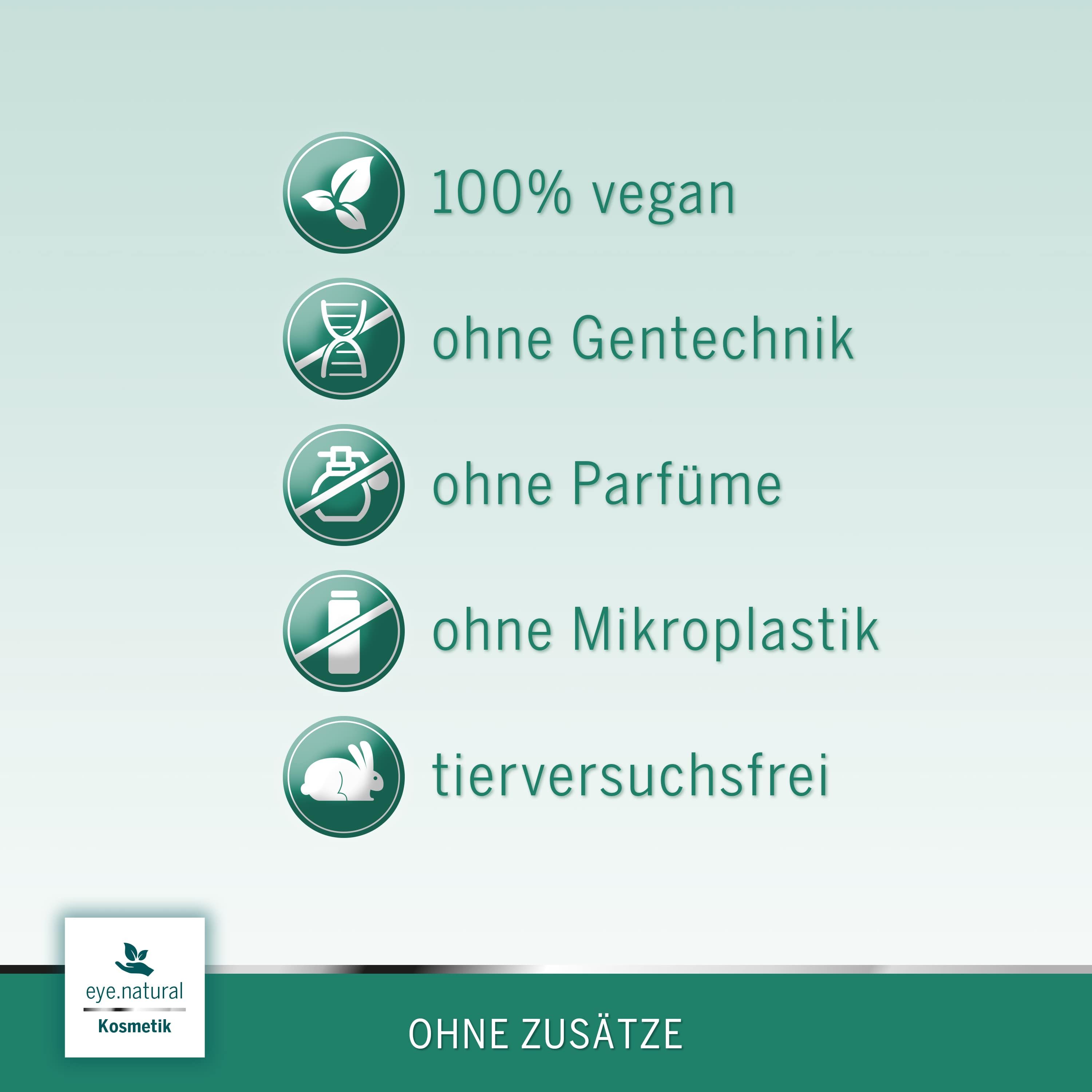 Symbole: 100% vegan, ohne Gentechnik, ohne Parfüm, ohne Mikroplastik, tierversuchsfrei. eye.natural Kosmetik.