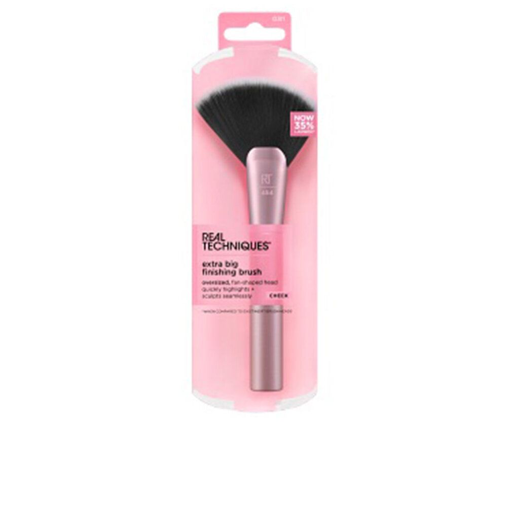 Pinsel in rosa Verpackung. Schwarzer Pinselkopf, rosa Griff. Text: Real Techniques, extra big finishing brush.
