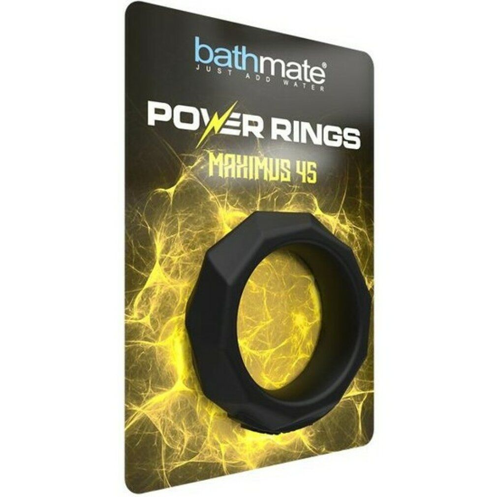 Verpackung mit schwarzem Ring. Aufschrift: Bathmate, Power Rings Maximus 45. Hintergrund mit gelben Lichteffekten.