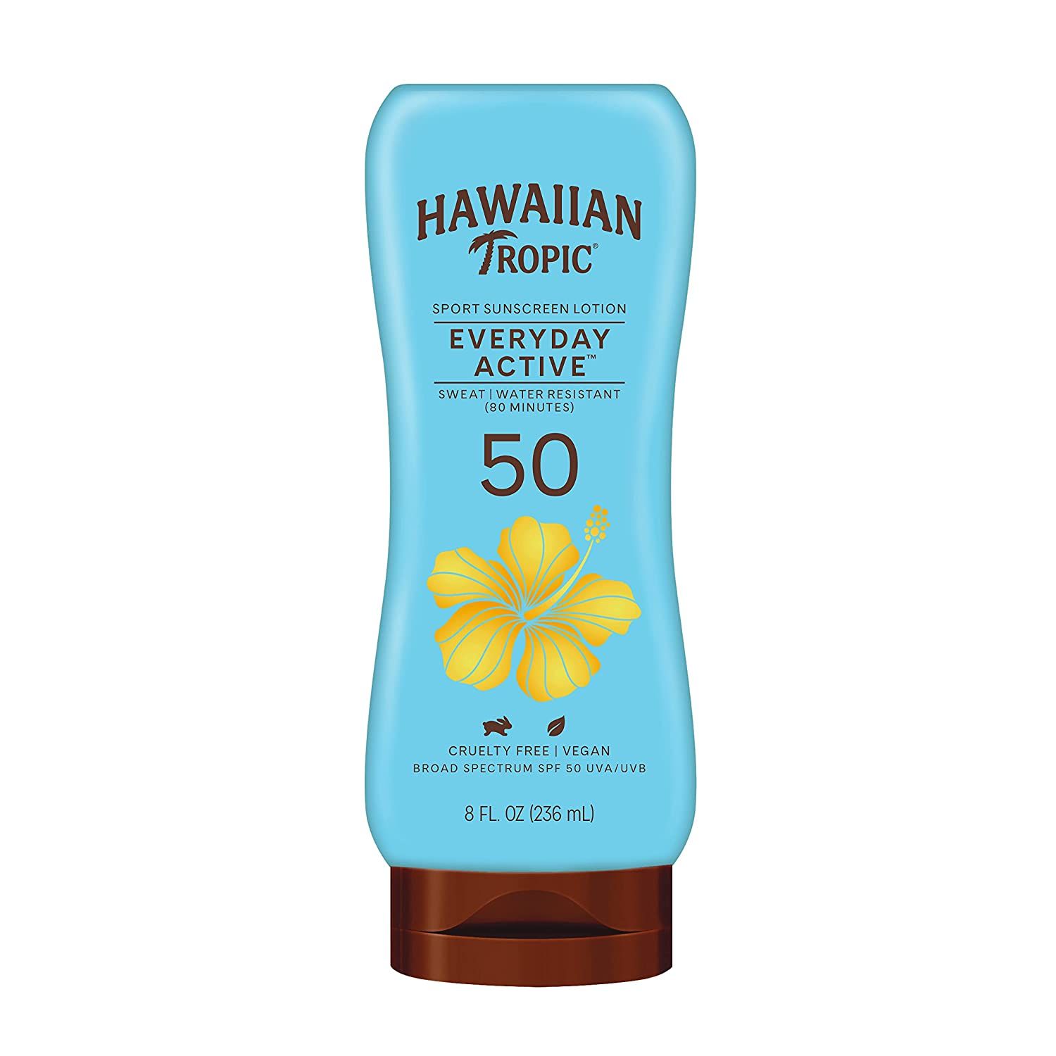 Hellblaue Flasche Sonnencreme. Aufschrift: Hawaiian Tropic, Sport Sonnencreme Lotion, Everyday Active, SPF 50. Mit gelber Blüte.