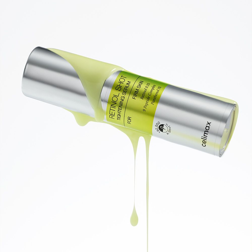 Celimax Retinol Serum Flasche mit auslaufendem Serum.
