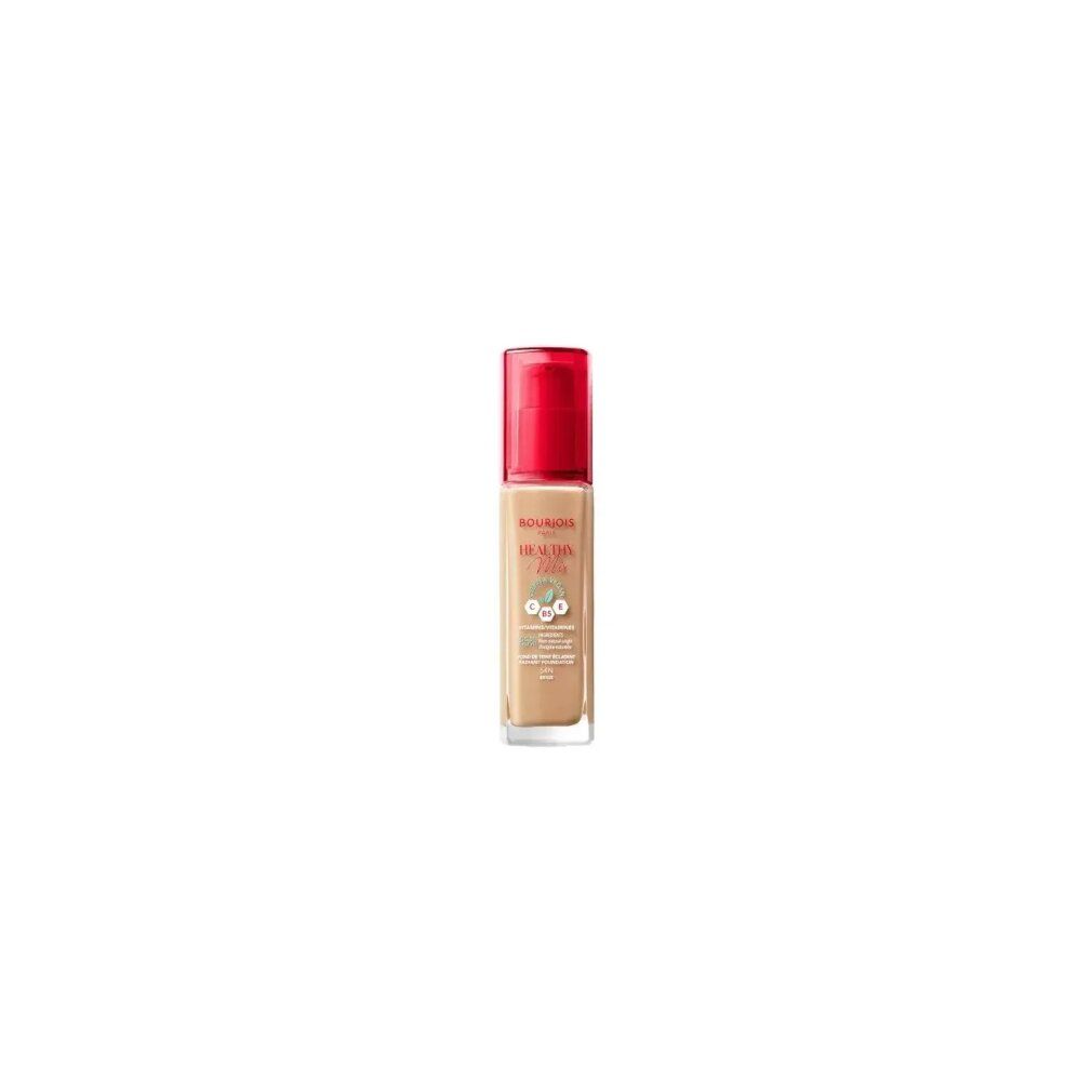 Make-up-Fläschchen mit rotem Deckel. Aufschrift: Bourjois Healthy Mix. Farbton: 54-Beige. Auf hellem Hintergrund.