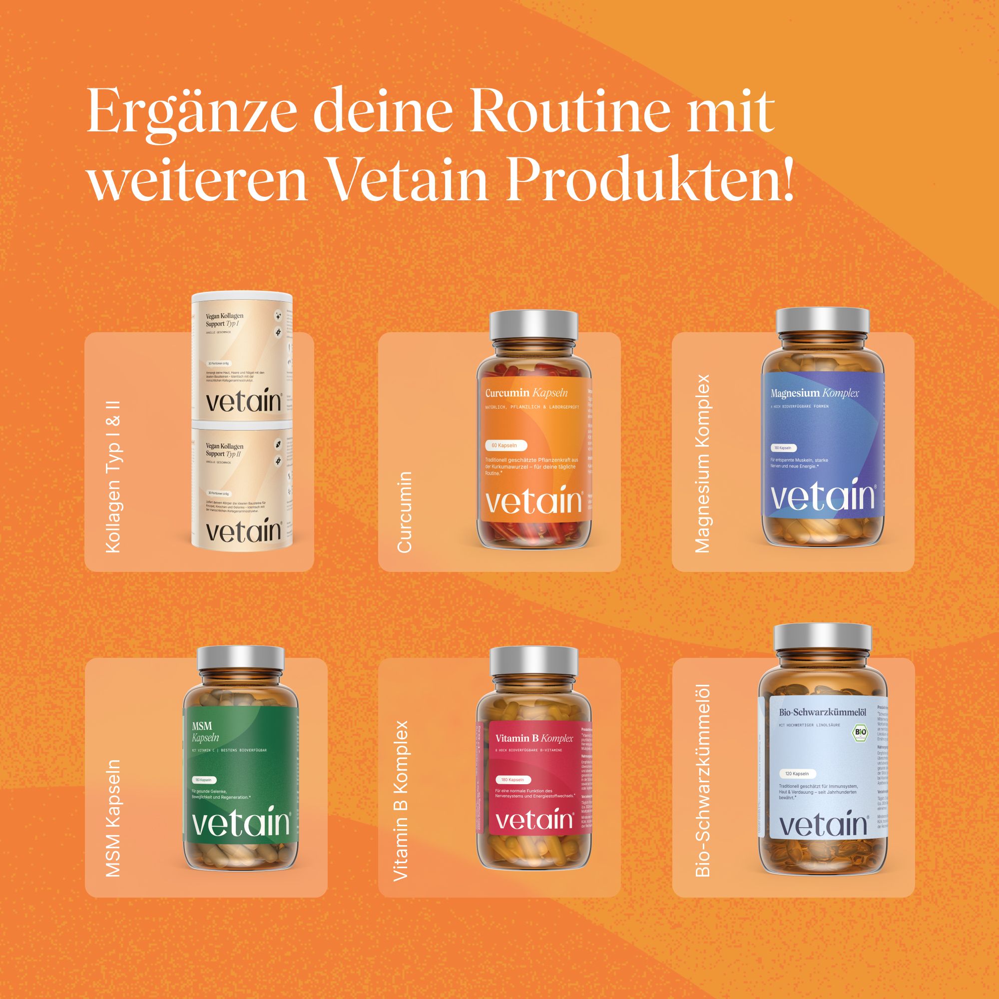 Vetain Produktübersicht: Flasche Vitamin D3/K2 Tropfen und weitere Nahrungsergänzungsmittel.