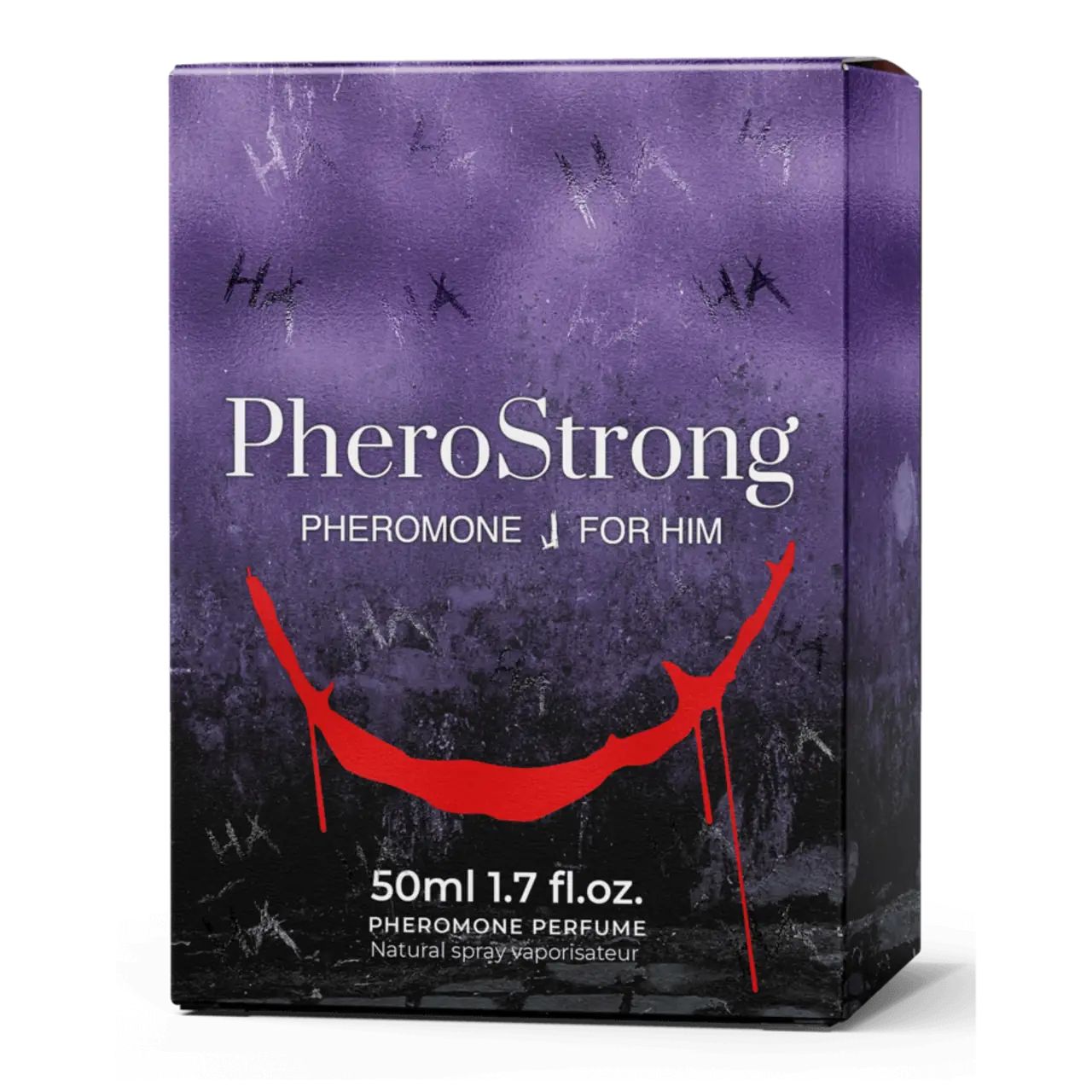 PheroStrong Parfüm-Kartonverpackung, 50ml, mit lila Farbverlauf und rotem Designelement.