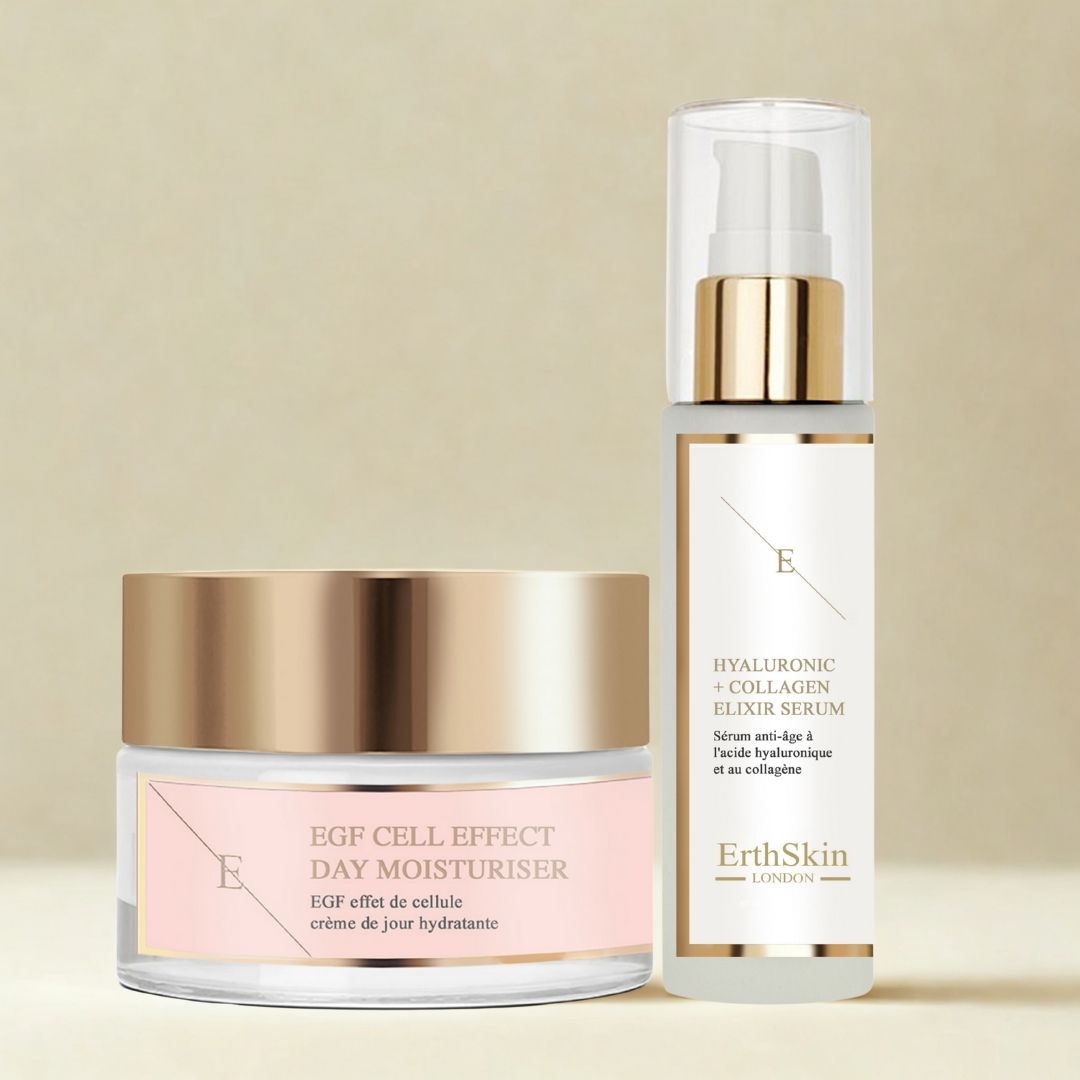 ErthSkin Tagesfeuchtigkeitscreme und Hyaluronsäure-Kollagen-Serum. Produkte auf hellem Hintergrund.