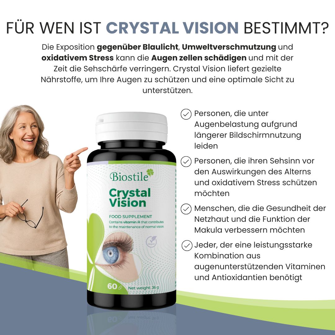 Flasche Biostile Crystal Vision neben einer Frau, die eine Brille hält.