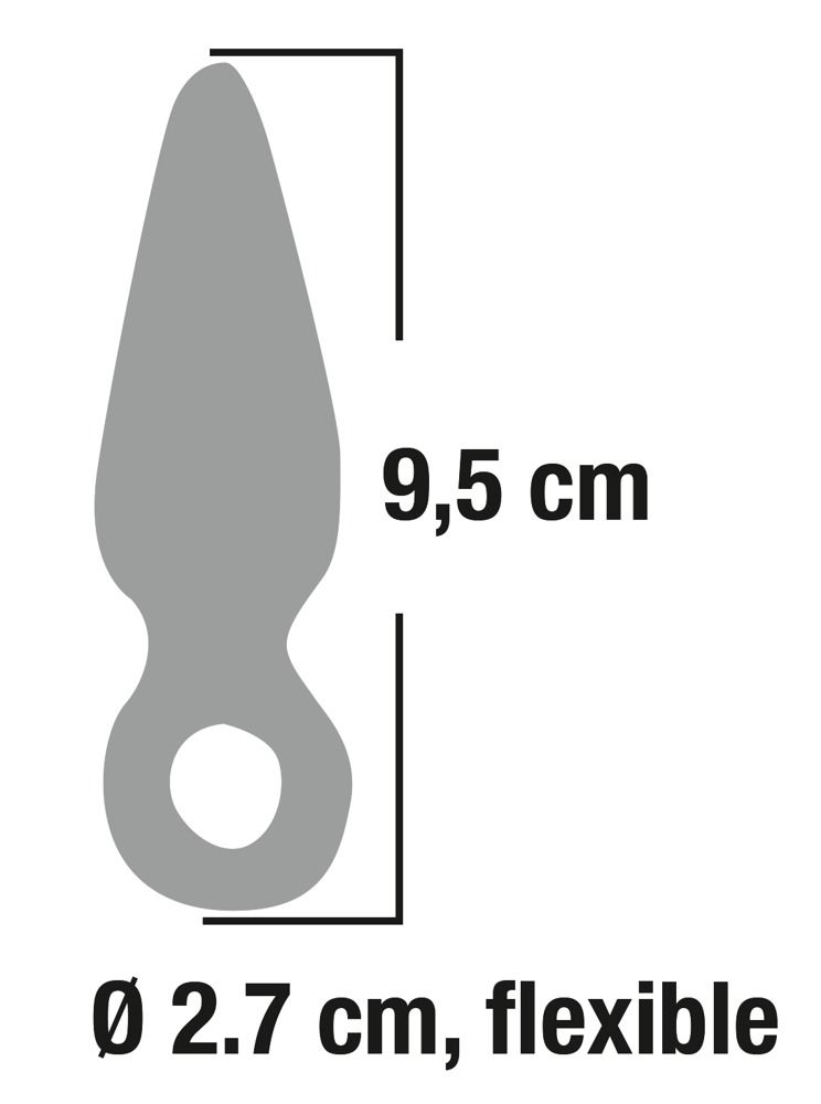 Schema eines Finger Plugs mit Maßen: 9,5 cm Länge, 2,7 cm Durchmesser. Material: TPR.