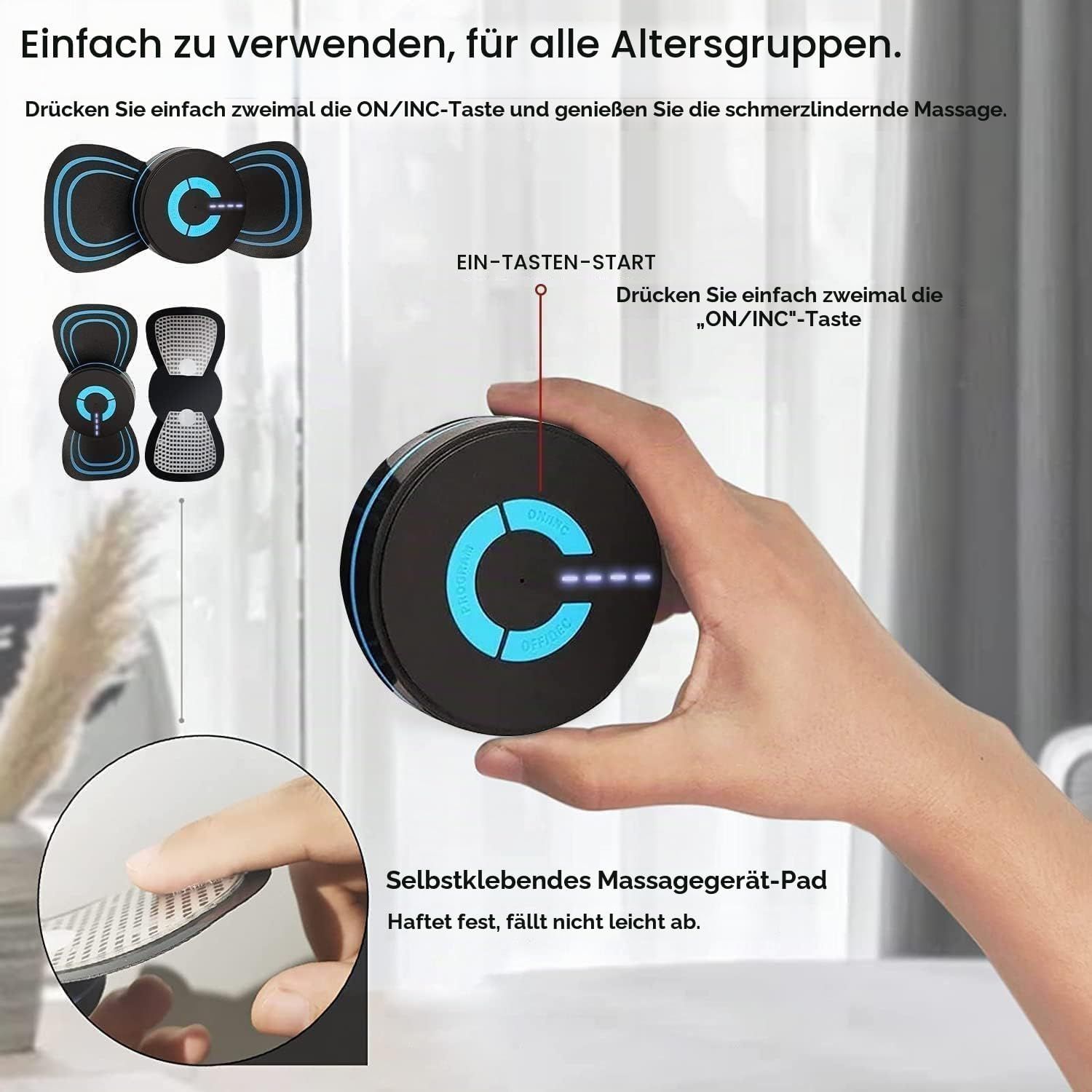 Hand hält ein rundes Massagegerät mit blauen Lichteffekten. Kleine Pads sind daneben abgebildet.