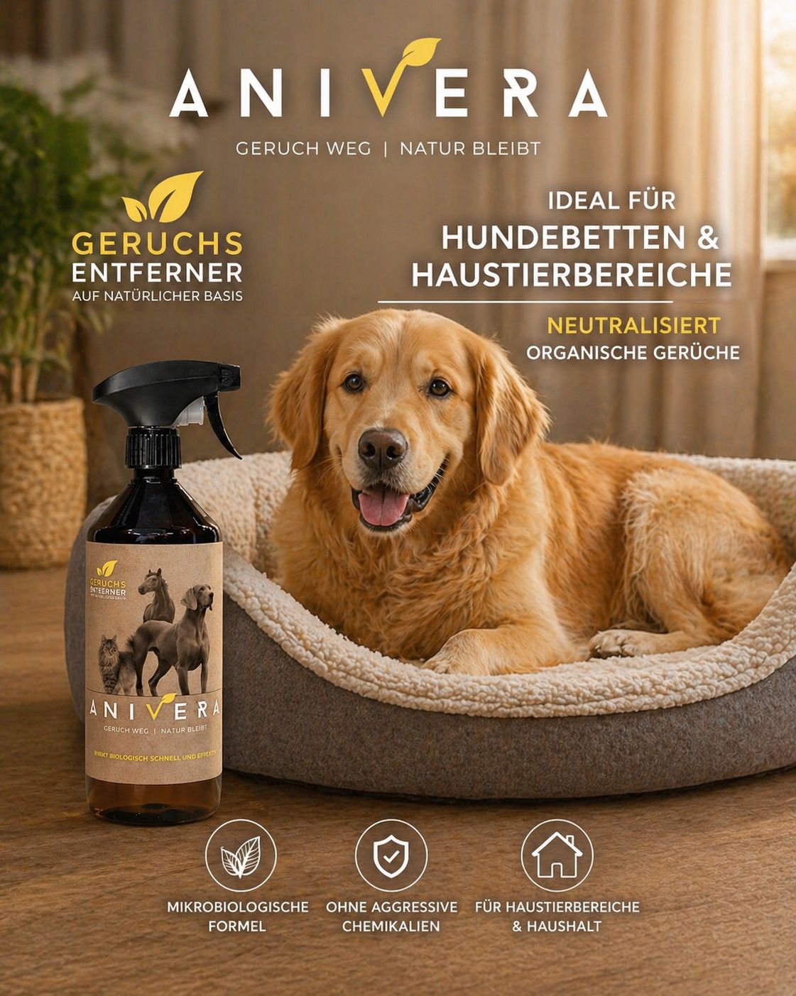 ANIVERA-Sprühflasche neben Golden Retriever in Hundebett. Text: Geruchsentferner, ideal für Hunde- und Haustierbereiche.
