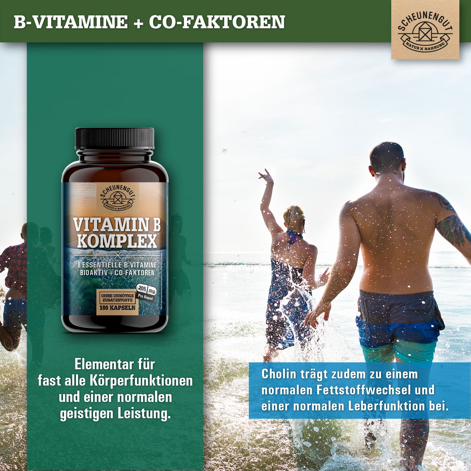 Scheunengut Vitamin B Komplex Flasche auf einem Strand mit Menschen. Cholin für Stoffwechsel und Leberfunktion.
