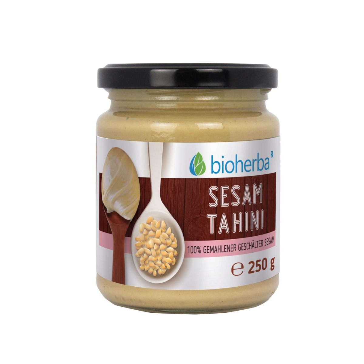 Glas mit Sesam Tahini. Schwarzer Deckel. Etikett mit Produktname, 250 g. Bioherba Logo.