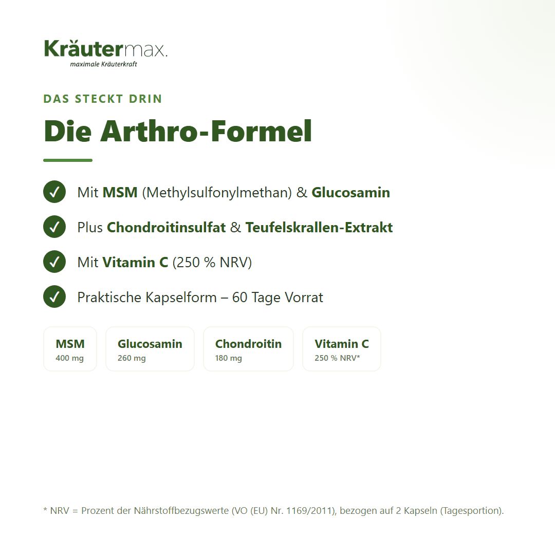 Die Arthro-Formel: MSM, Glucosamin, Chondroitin, Vitamin C in Kapselform, 60 Tage Vorrat.