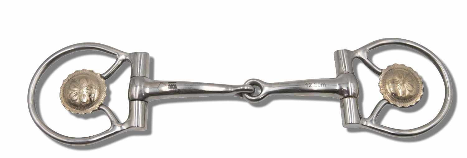 Gebiss mit silbernen Ringen und goldenen Verzierungen. Mundstück mit Gelenk. Runde Seitenteile mit floralen Details.