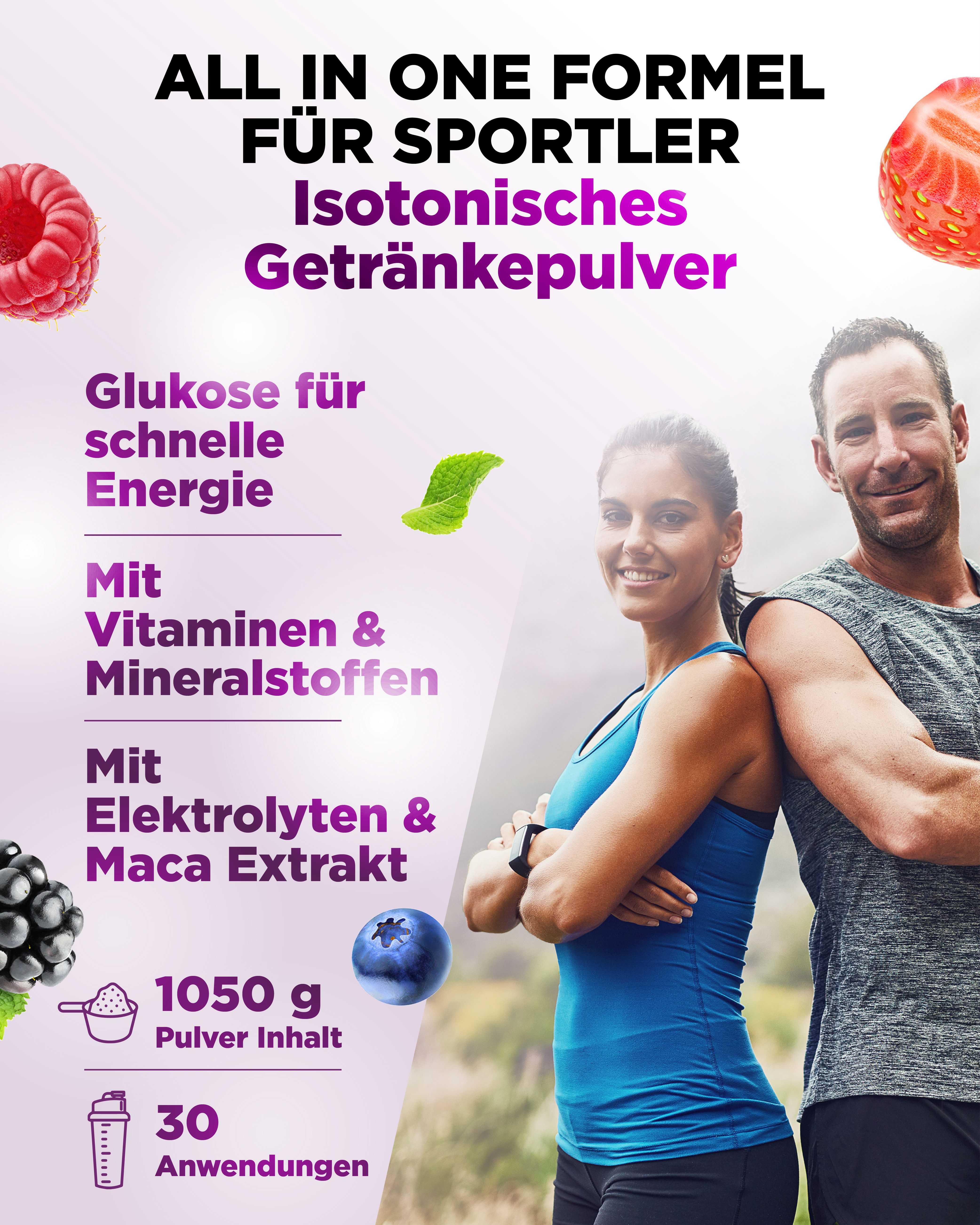 Poster mit Sportlern und Text. Isotonisches Getränkepulver. Text: Glukose, Vitamine & Mineralstoffe, Elektrolyte & Maca Extrakt. 1050 g Pulver, 30 Anwendungen.