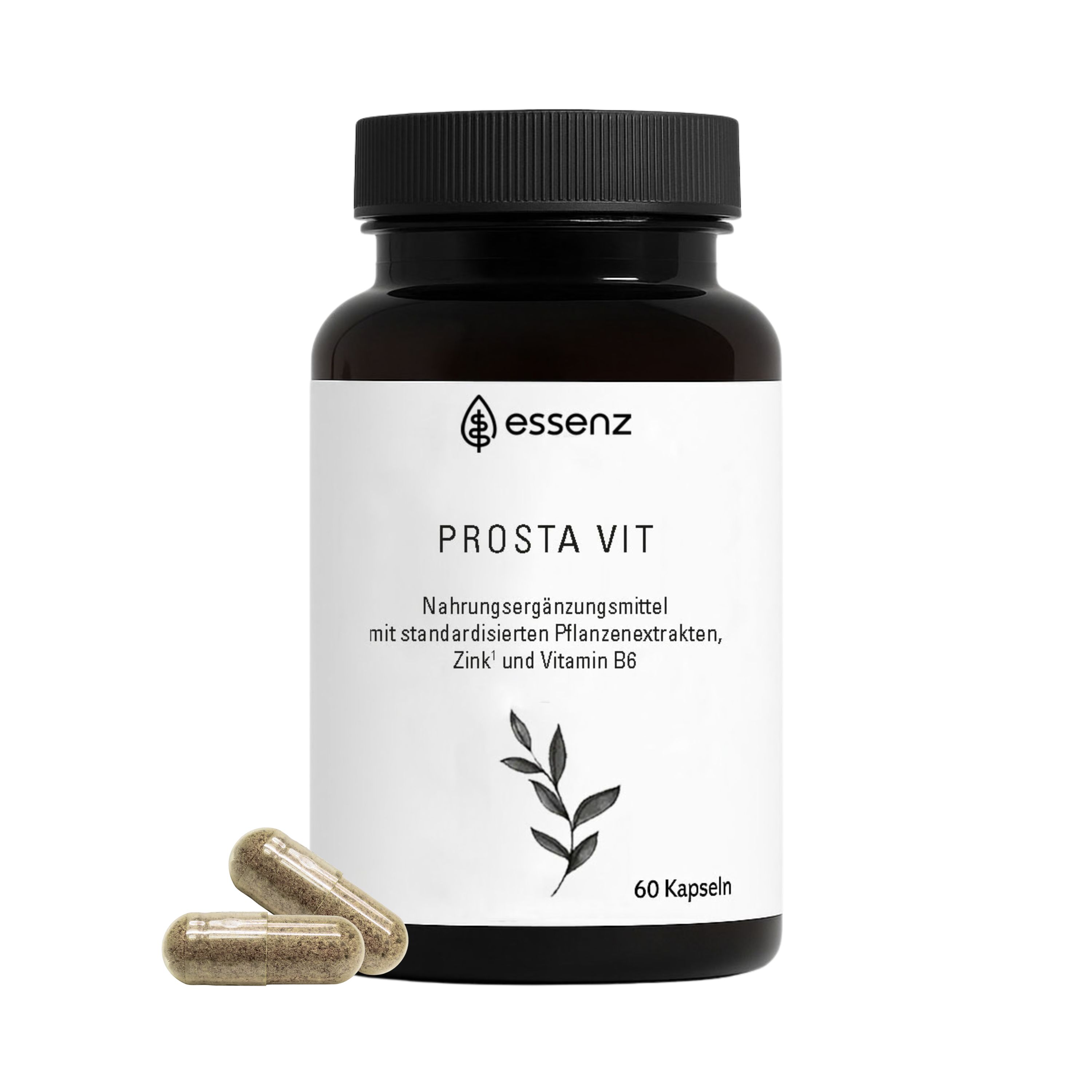 Braune Flasche ESSENZ Prosta Vit Kapseln, 60 Kapseln. Zwei Kapseln liegen daneben. Weißes Etikett mit Produktinformationen.