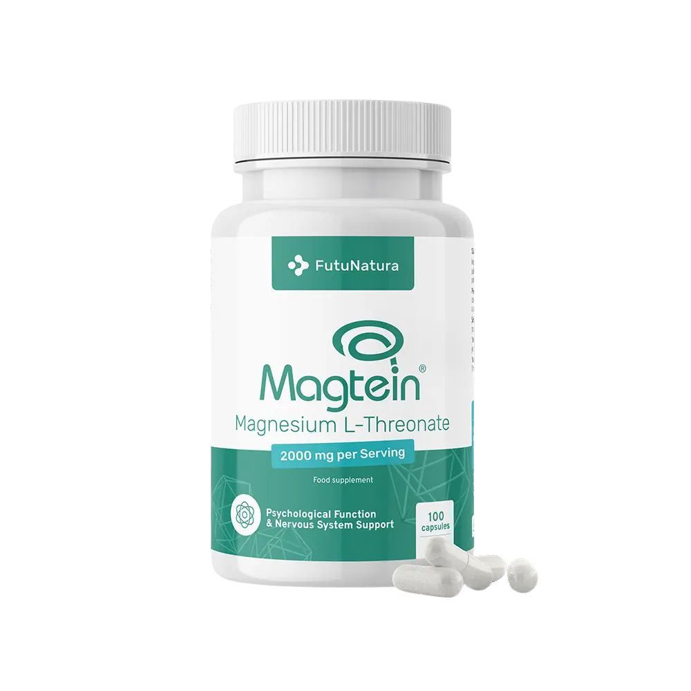 Flasche FutuNatura Magnesium L-Threonat Magtein® 2000 mg, 100 Kapseln. Kapseln liegen daneben.