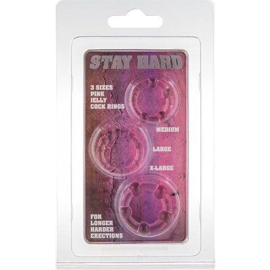 Drei Penisringe in Blisterverpackung. Aufschrift: STAY HARD, 3 Größen, Pink Jelly Cock Rings. Für längere, härtere Erektionen.