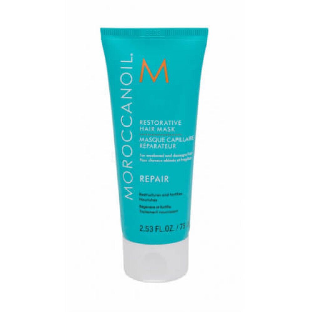 Türkisfarbene Tube mit weißem Deckel. Aufschrift: Moroccanoil, Restorative Hair Mask, Masque Capillaire Réparateur, Repair. Volumen: 2.53 FL.OZ. / 75 ml.