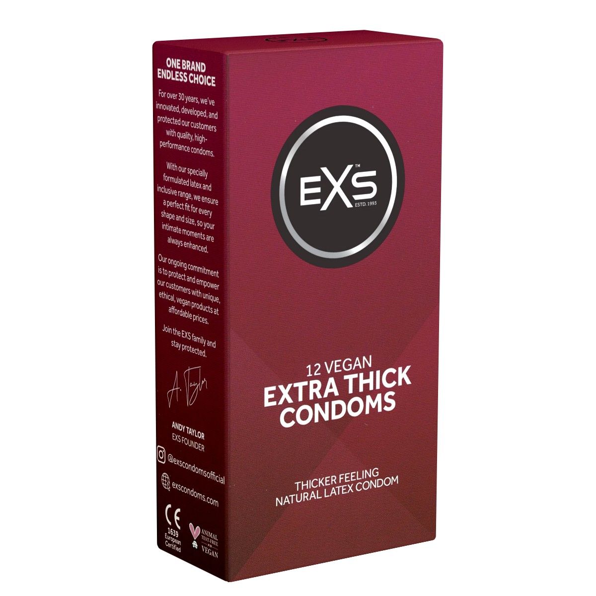 Verpackung für 12 EXS Extra Thick vegane Kondome aus Naturkautschuklatex.