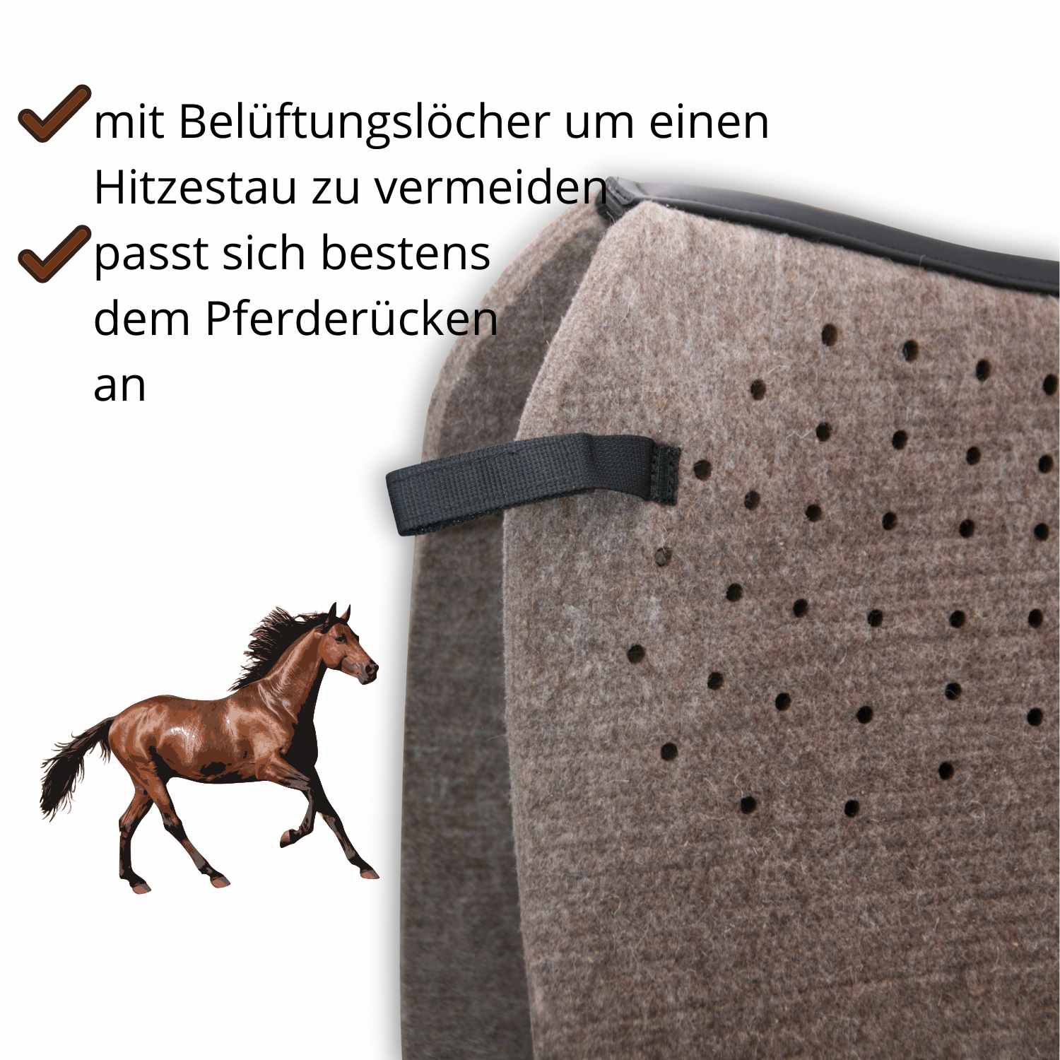 Produkt aus Filz mit Belüftungslöchern. Text: Mit Belüftungslöchern, passt sich dem Pferderücken an. Pferd im Hintergrund.