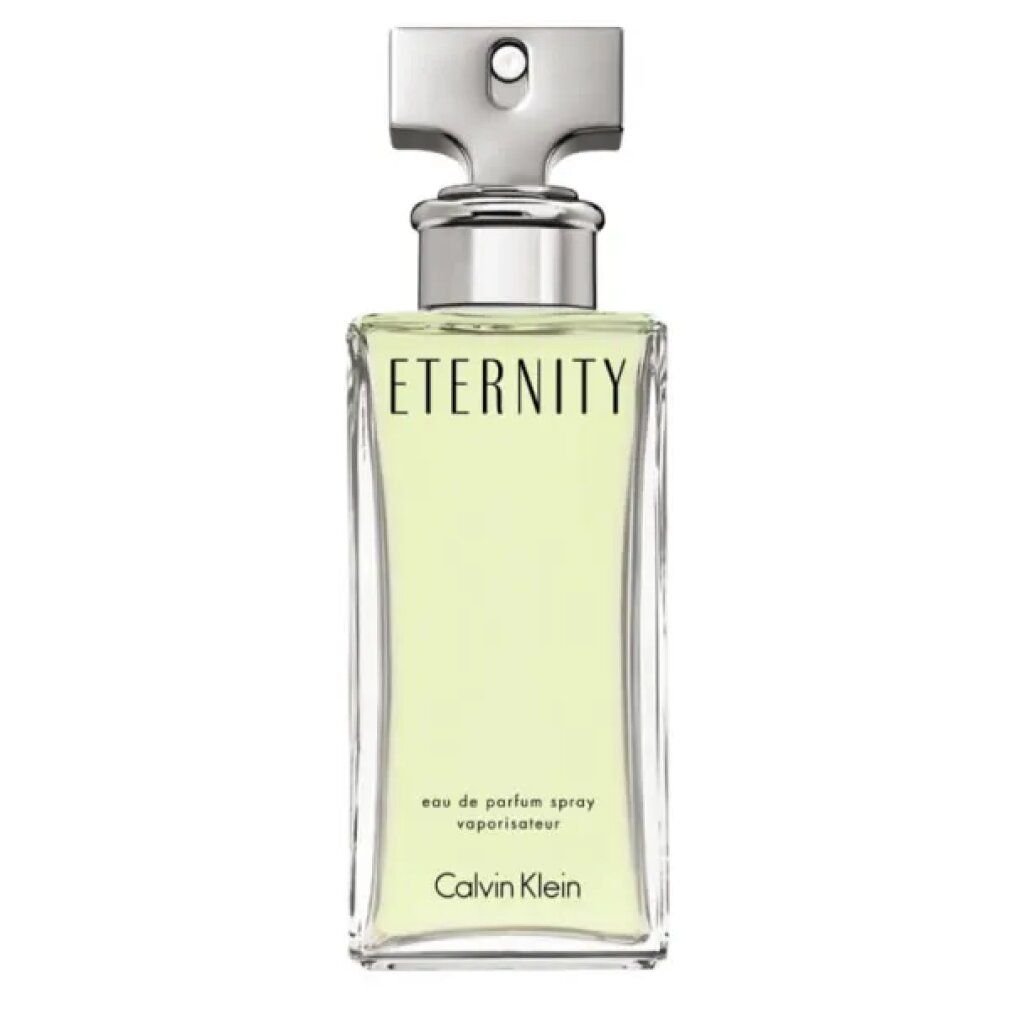 Rechteckiger Flakon mit silberfarbenem Verschluss. Aufschrift 'Eternity' und 'Calvin Klein'.